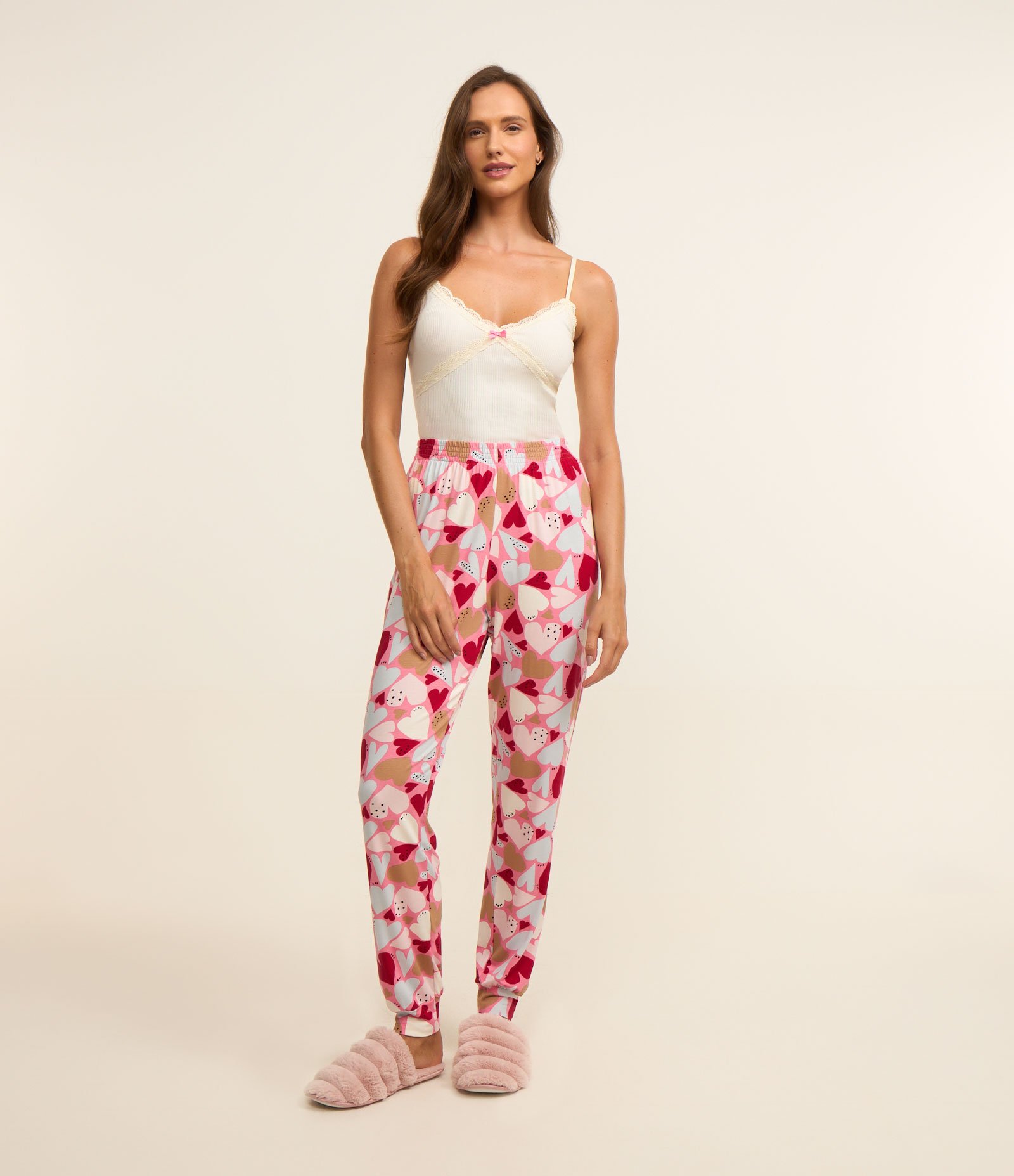 Pijama Longo em Ribana com Estampa de Coração Multicores 1