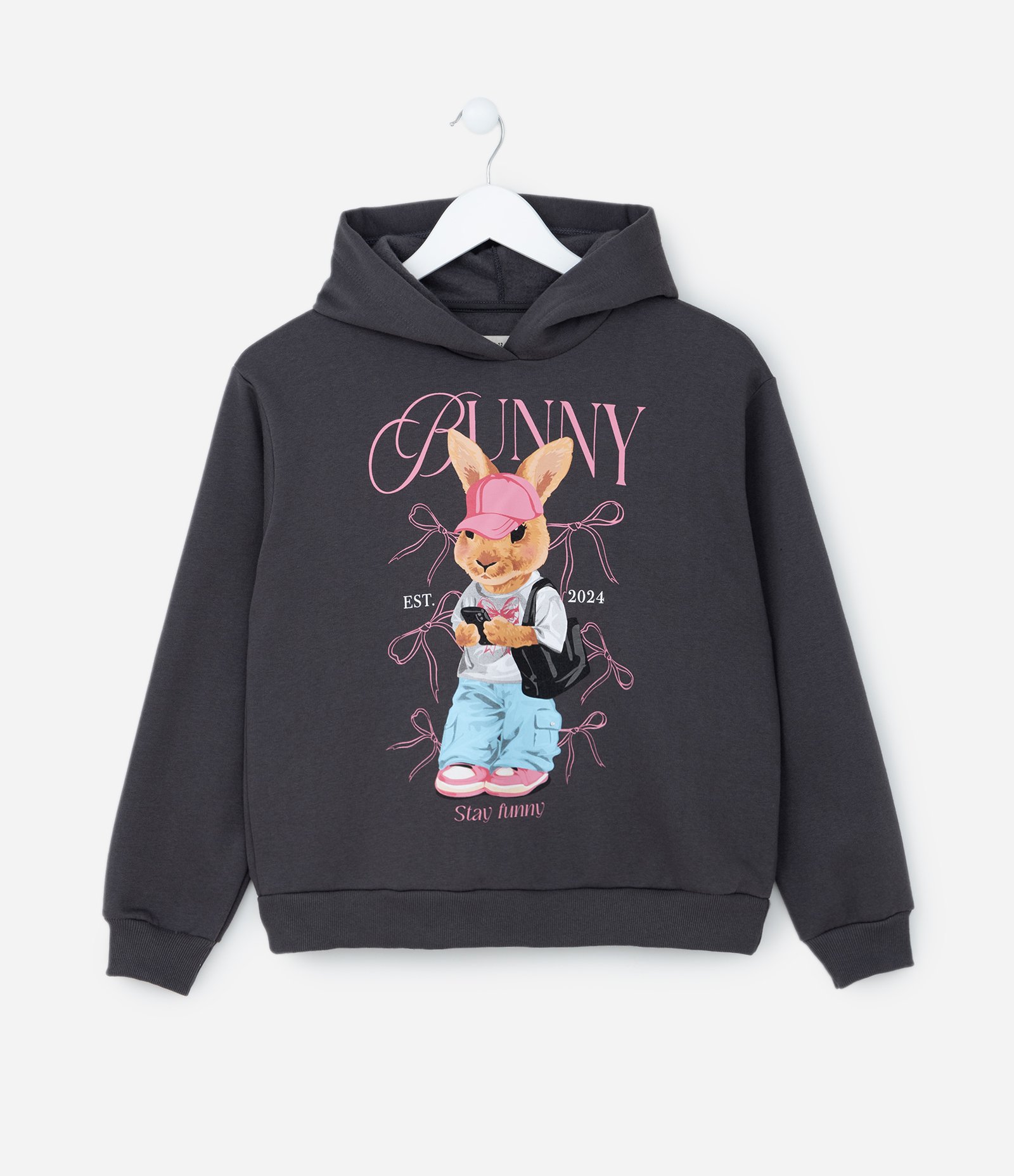 Blusão Oversized Infantil com Estampa Coelha - Tam 5 a 14 Anos Cinza 1
