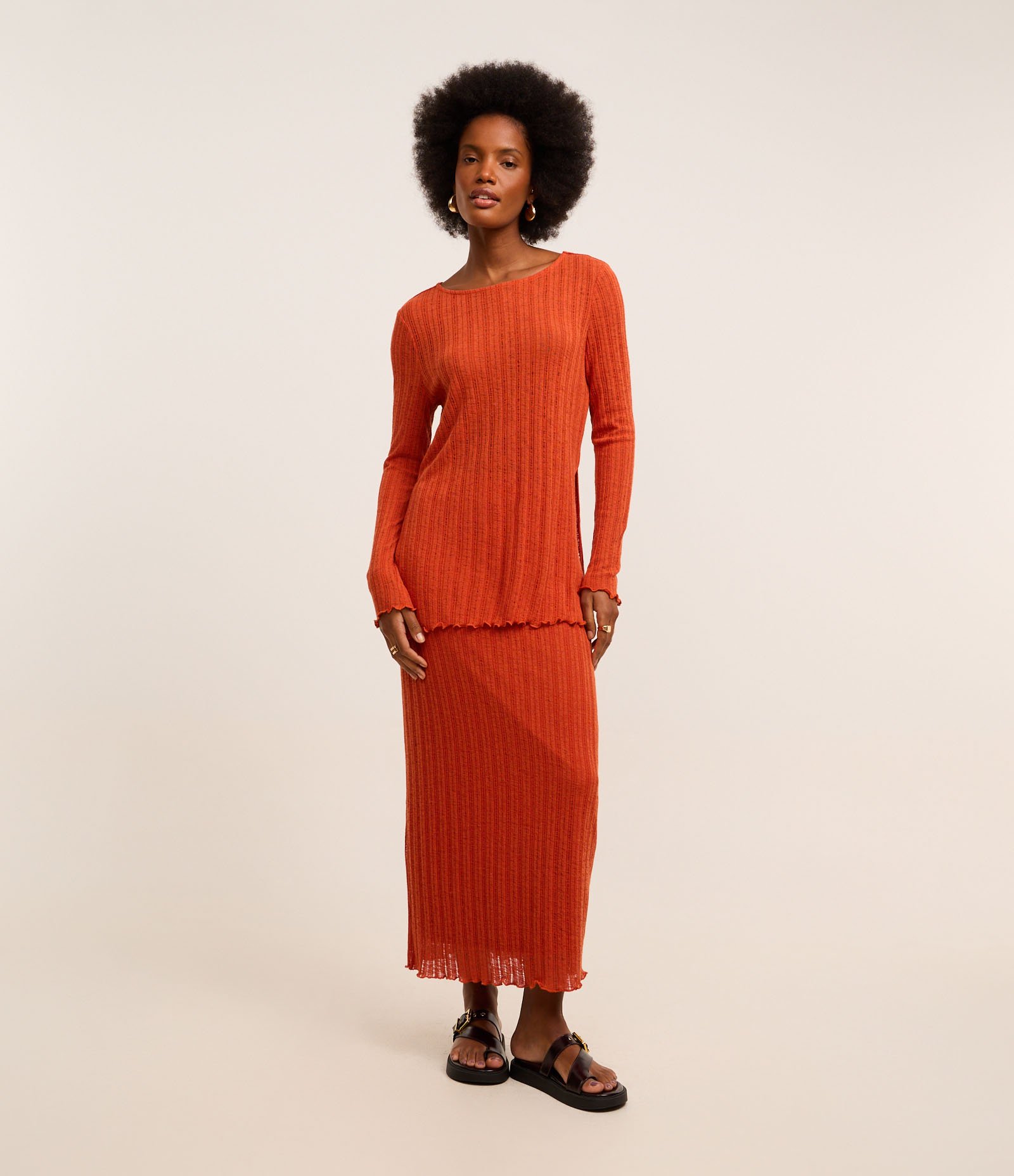 Saia Longa com Linho e Textura Canelada com Vazados Laranja 1