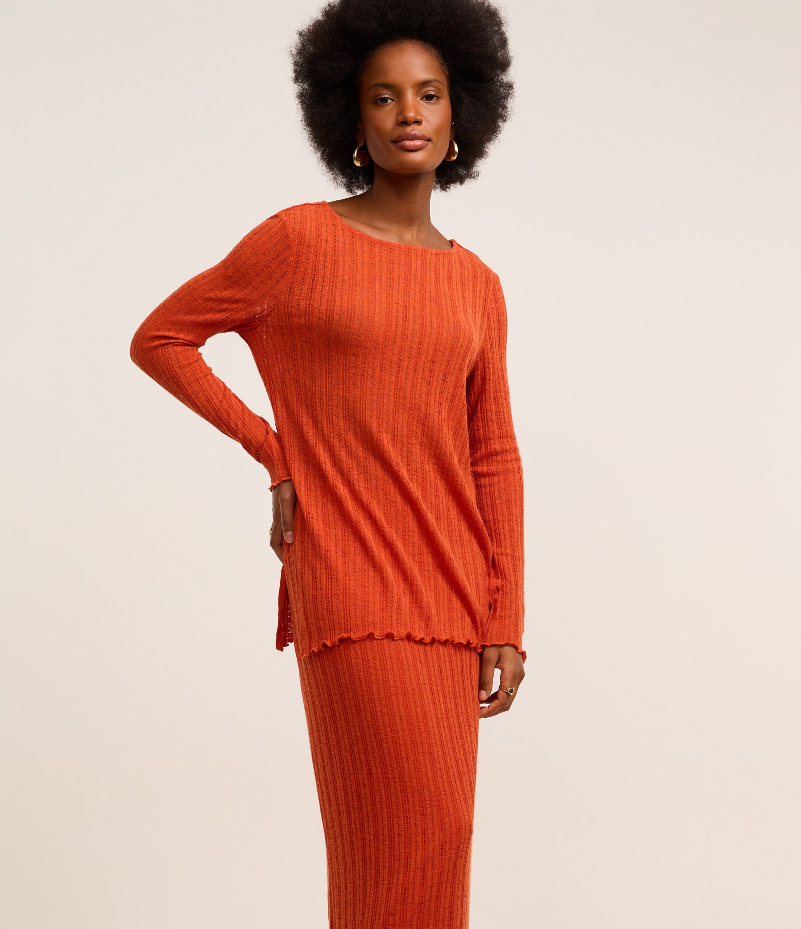 Saia Longa com Linho e Textura Canelada com Vazados Laranja 2