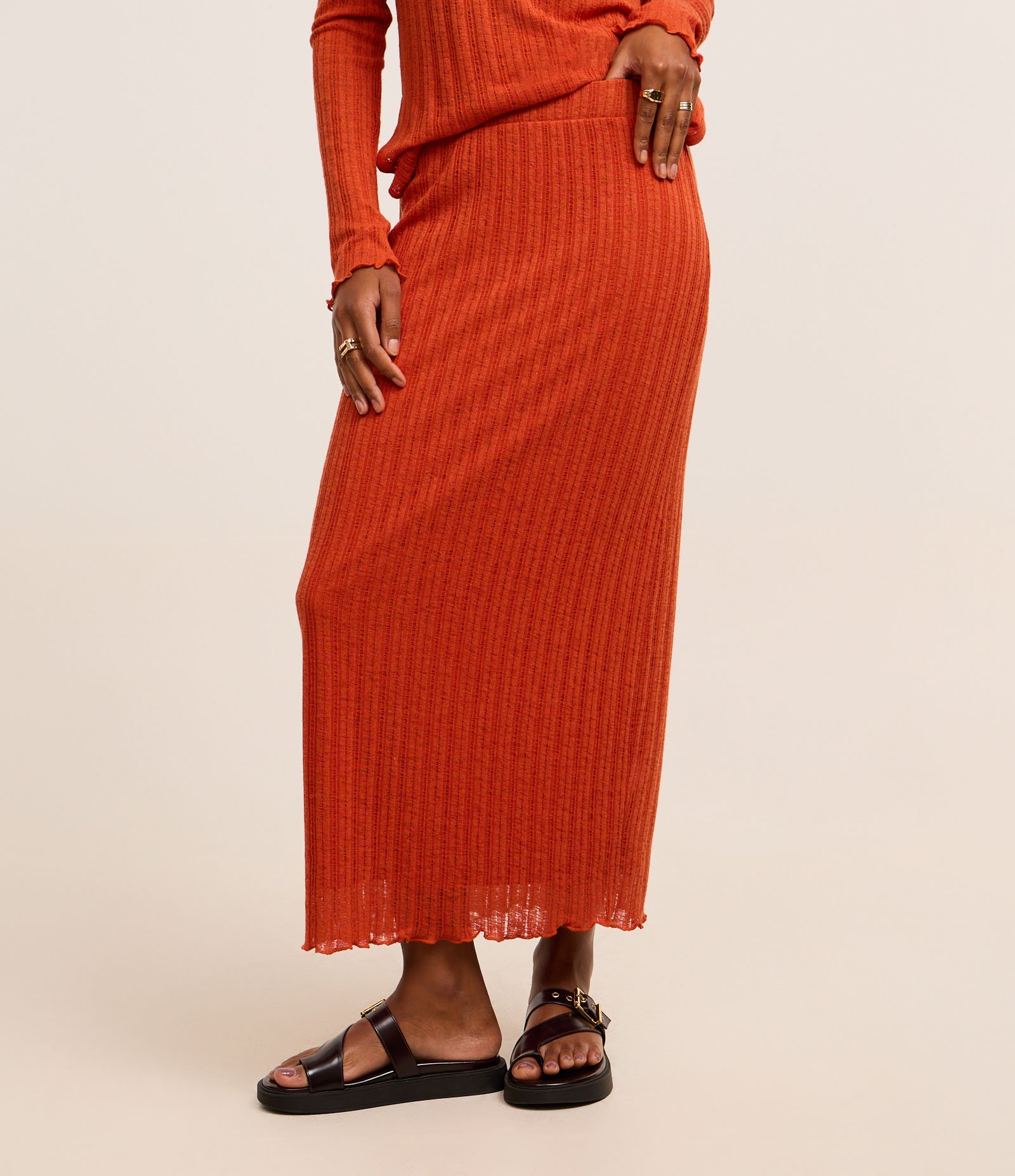 Saia Longa com Linho e Textura Canelada com Vazados Laranja 3