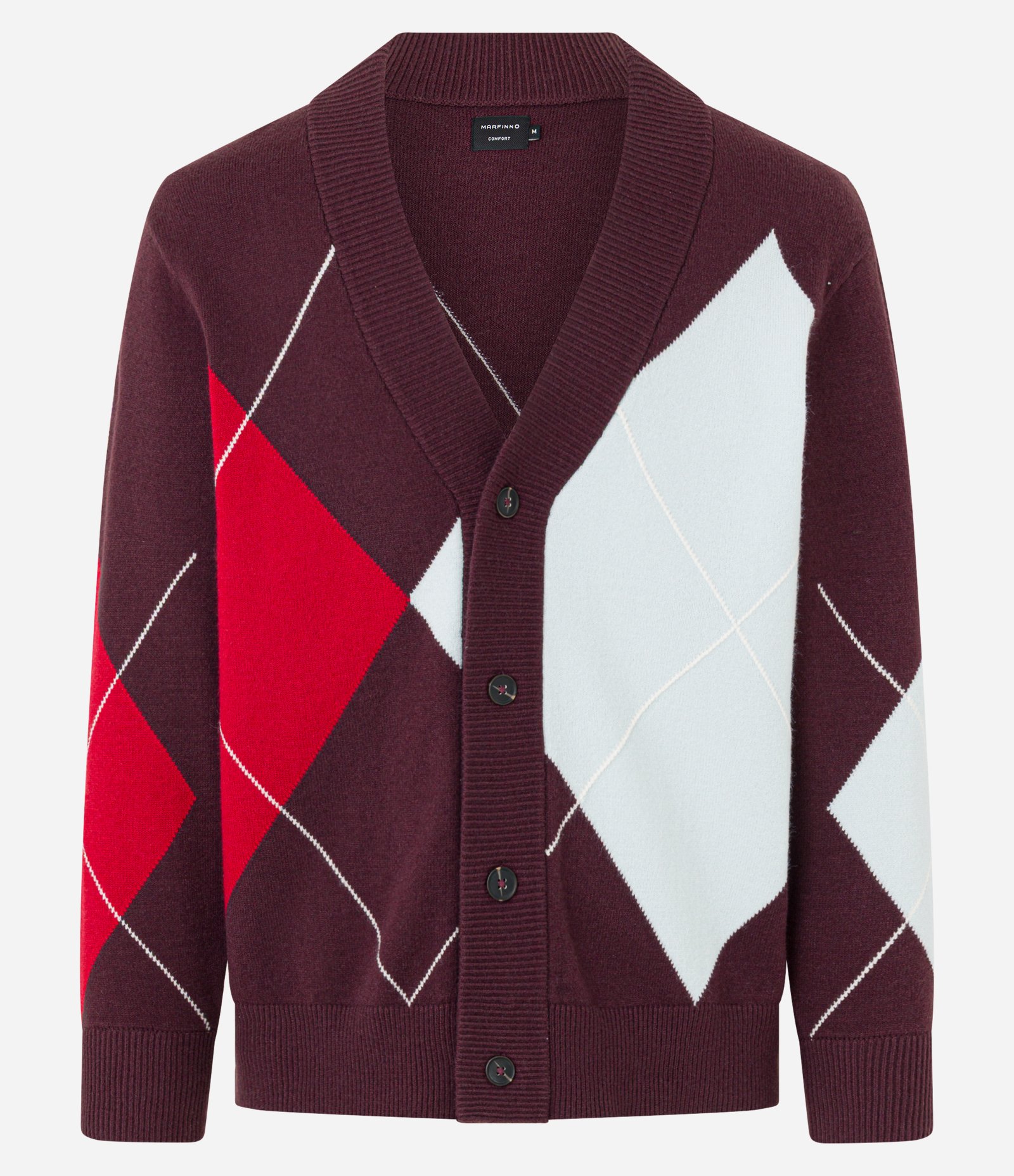 Cardigan em Tricô com Estampa Geométrica Bordô/Vermelho/Branco 3