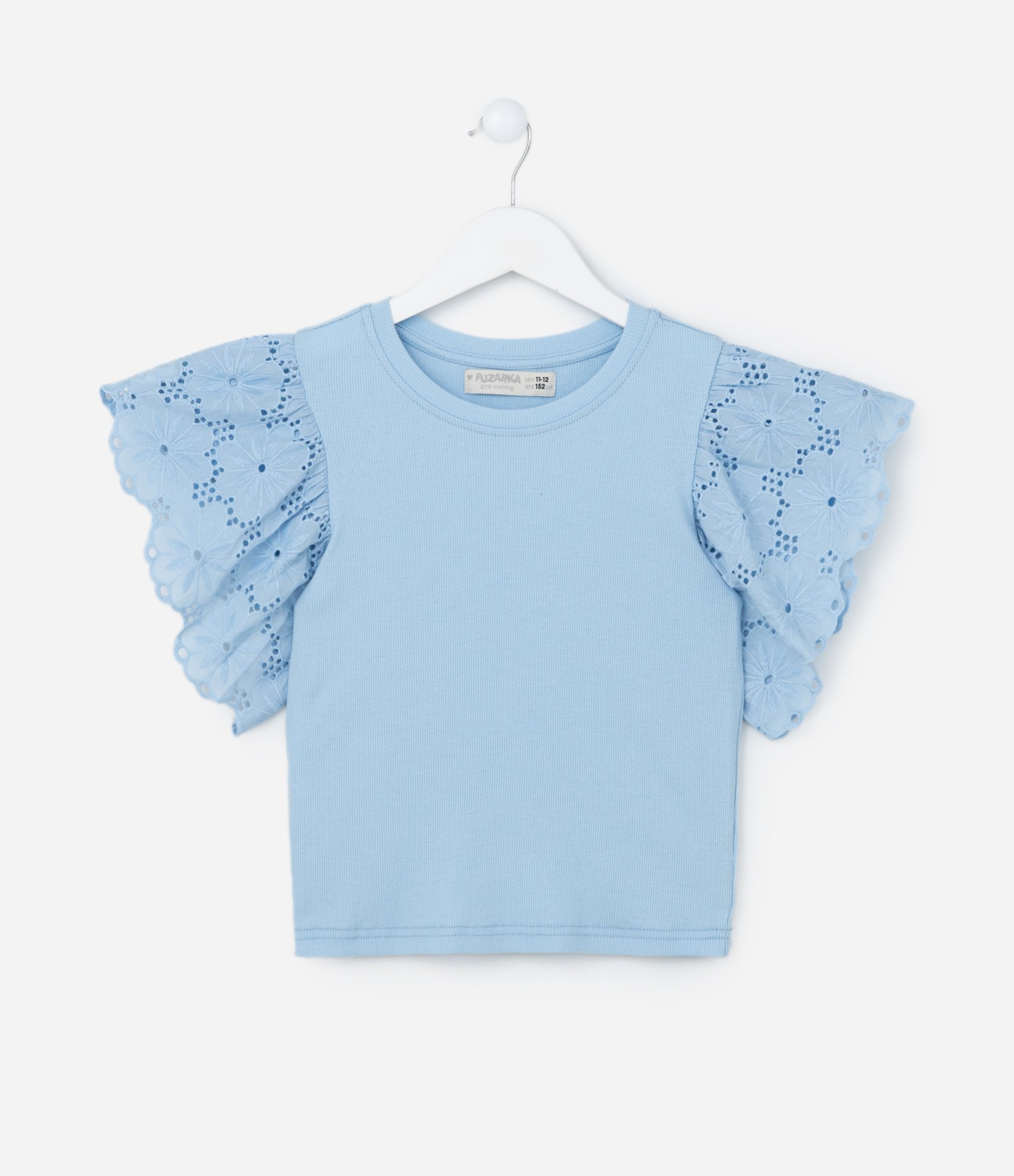 Blusa Infantil em Ribana com Babado Broderie - Tam 5 a 14 Anos Azul 1
