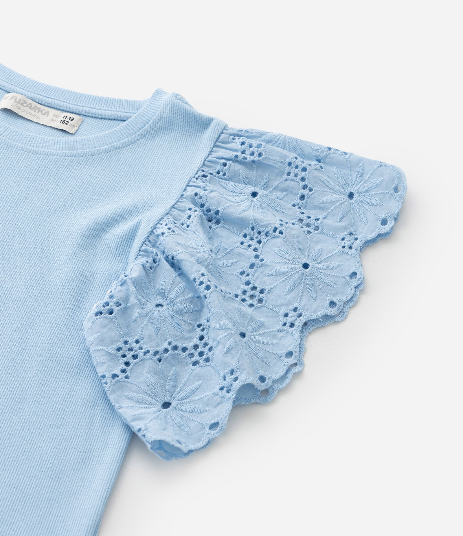 Blusa Infantil em Ribana com Babado Broderie - Tam 5 a 14 Anos Azul 5