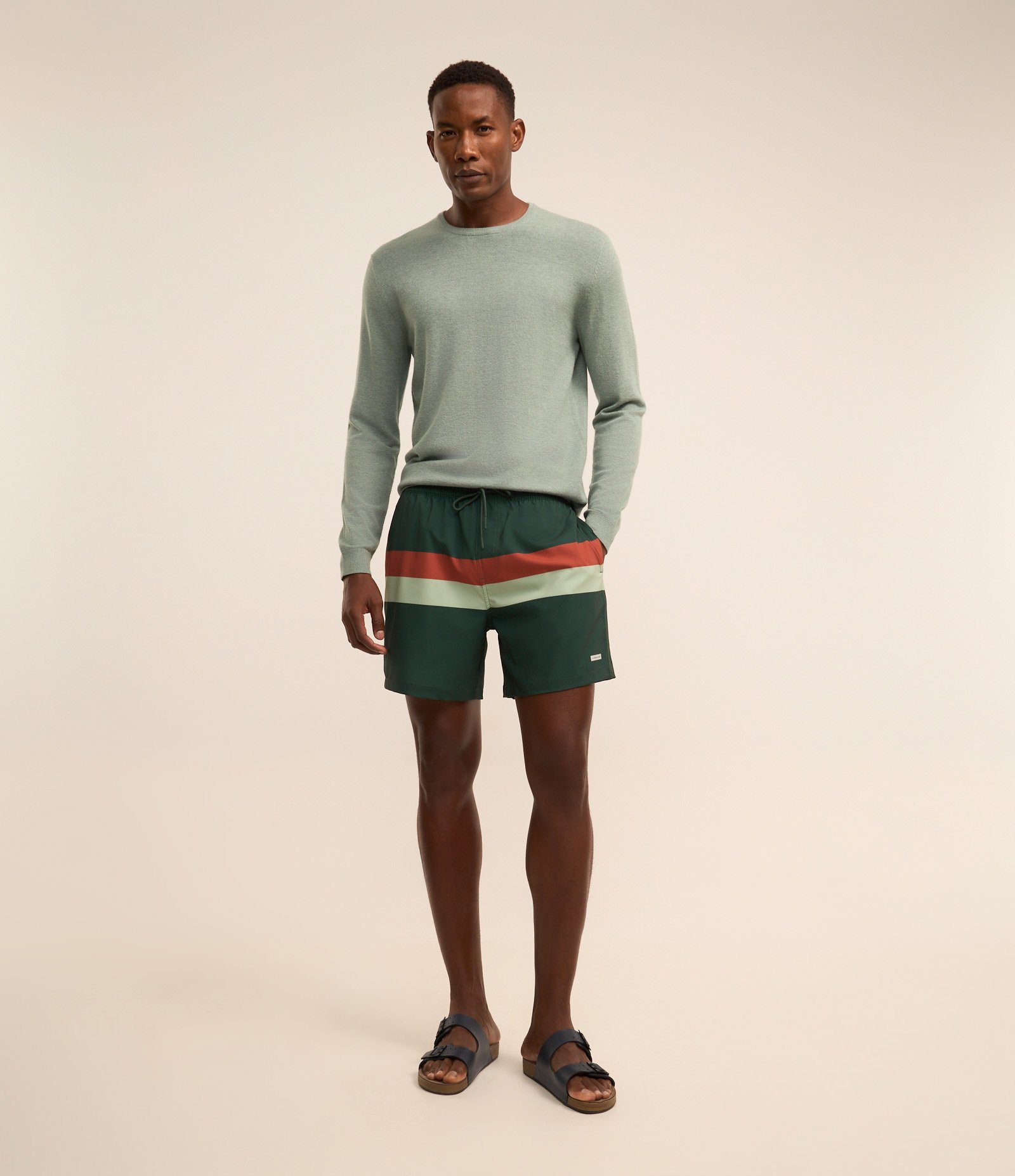 Bermuda de Banho em Ripstop com Blocos de Cor e Amarração Verde/Vermelho/Bege 1