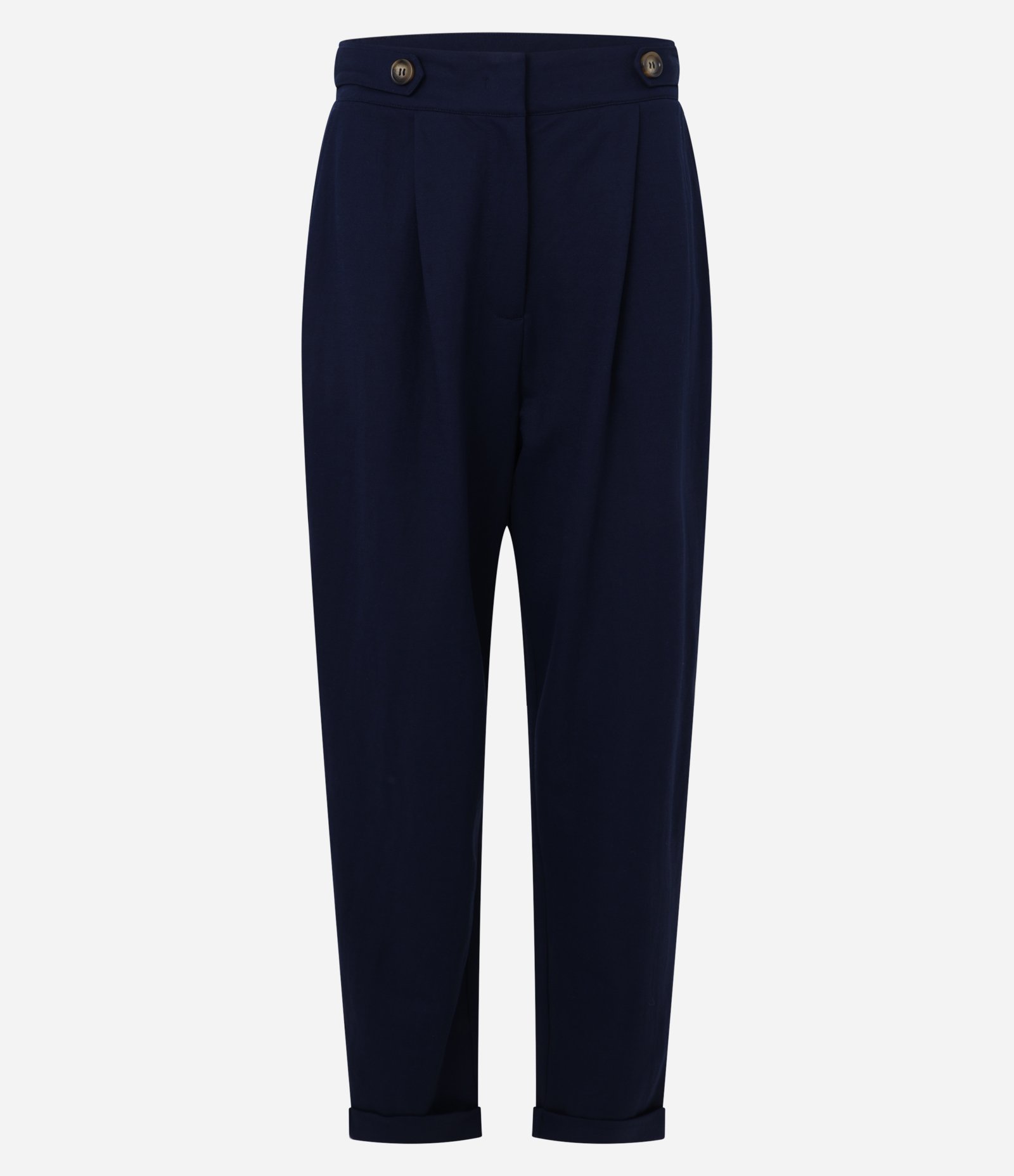 Calça Cenoura Cintura Alta em Piquet com Faixas e Pregas Azul escuro 5