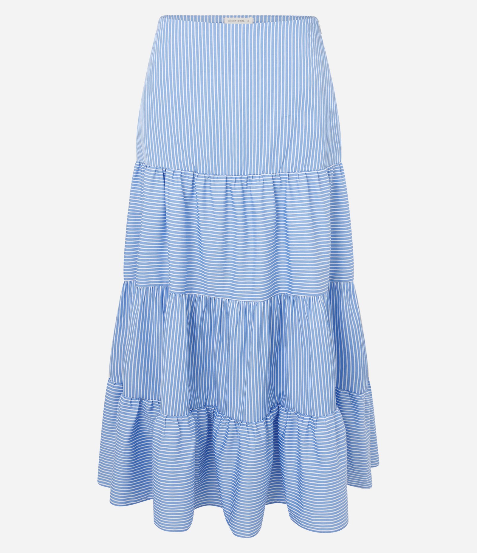 Saia Longa em Tricoline com Babados e Listras Finas Azul/Branco 1