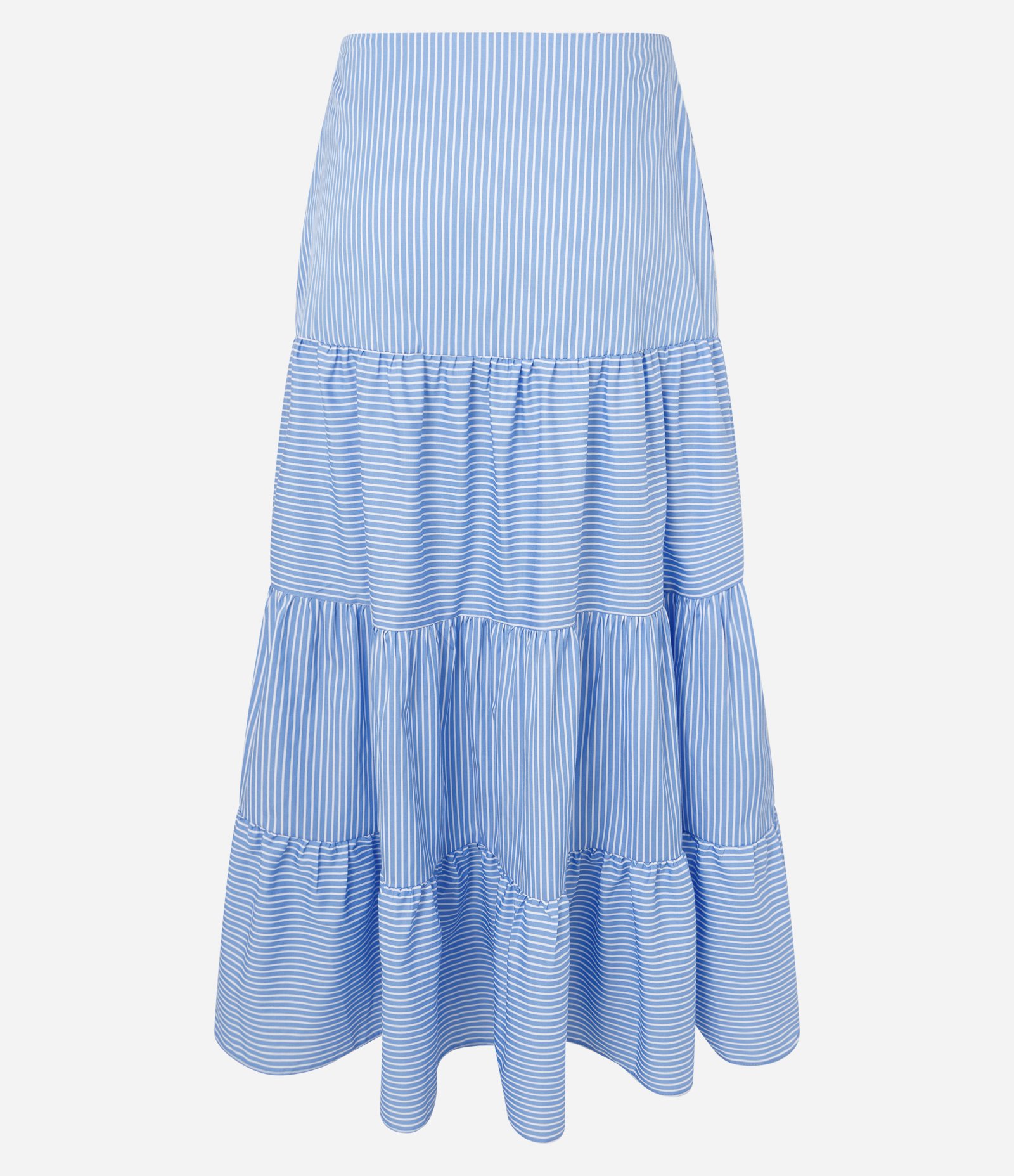 Saia Longa em Tricoline com Babados e Listras Finas Azul/Branco 2