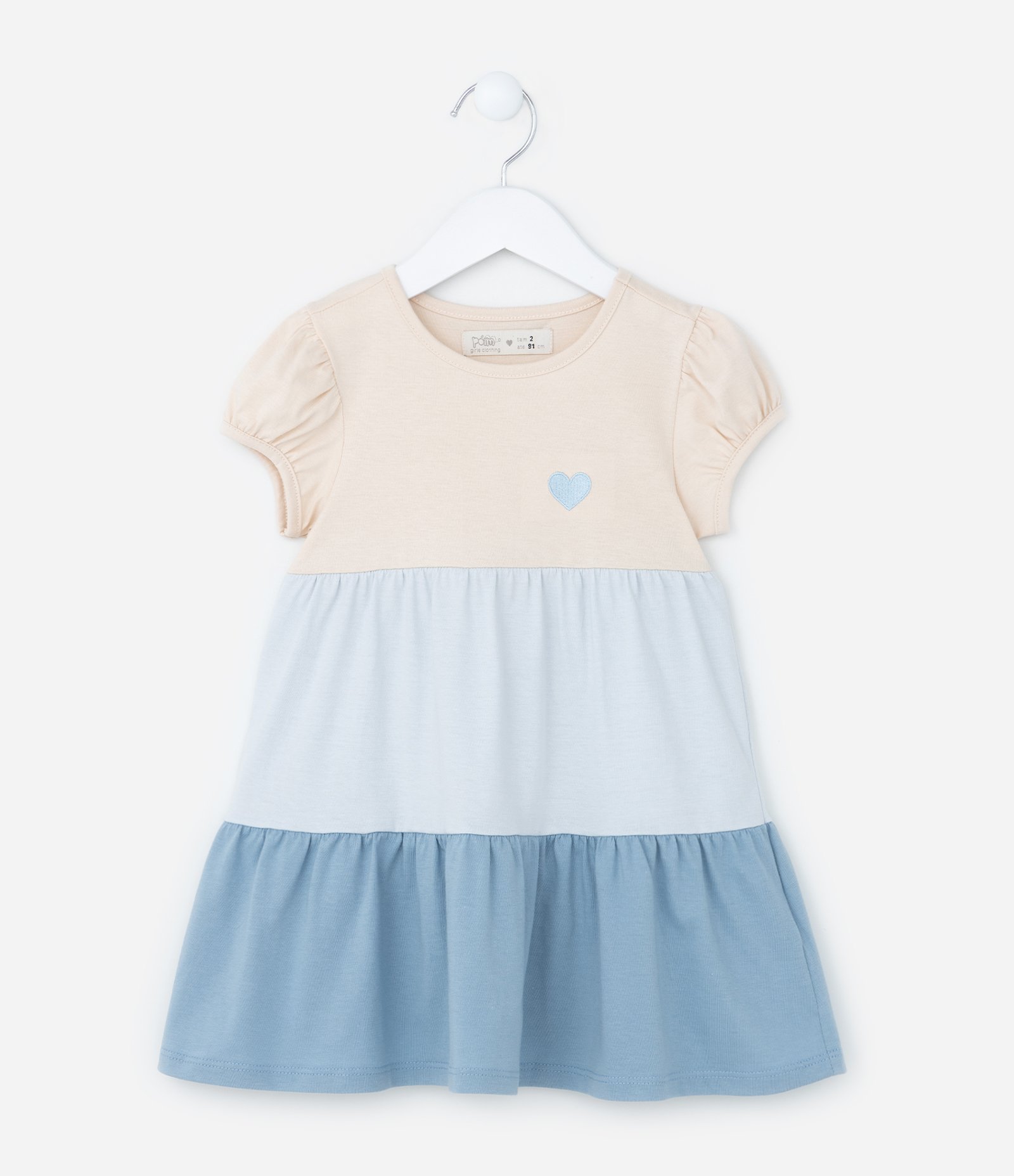 Vestido Marias Infantil com Bordado de Coração e Manga Bufante - Tam 1 a 5 Anos Bege/Azul 1