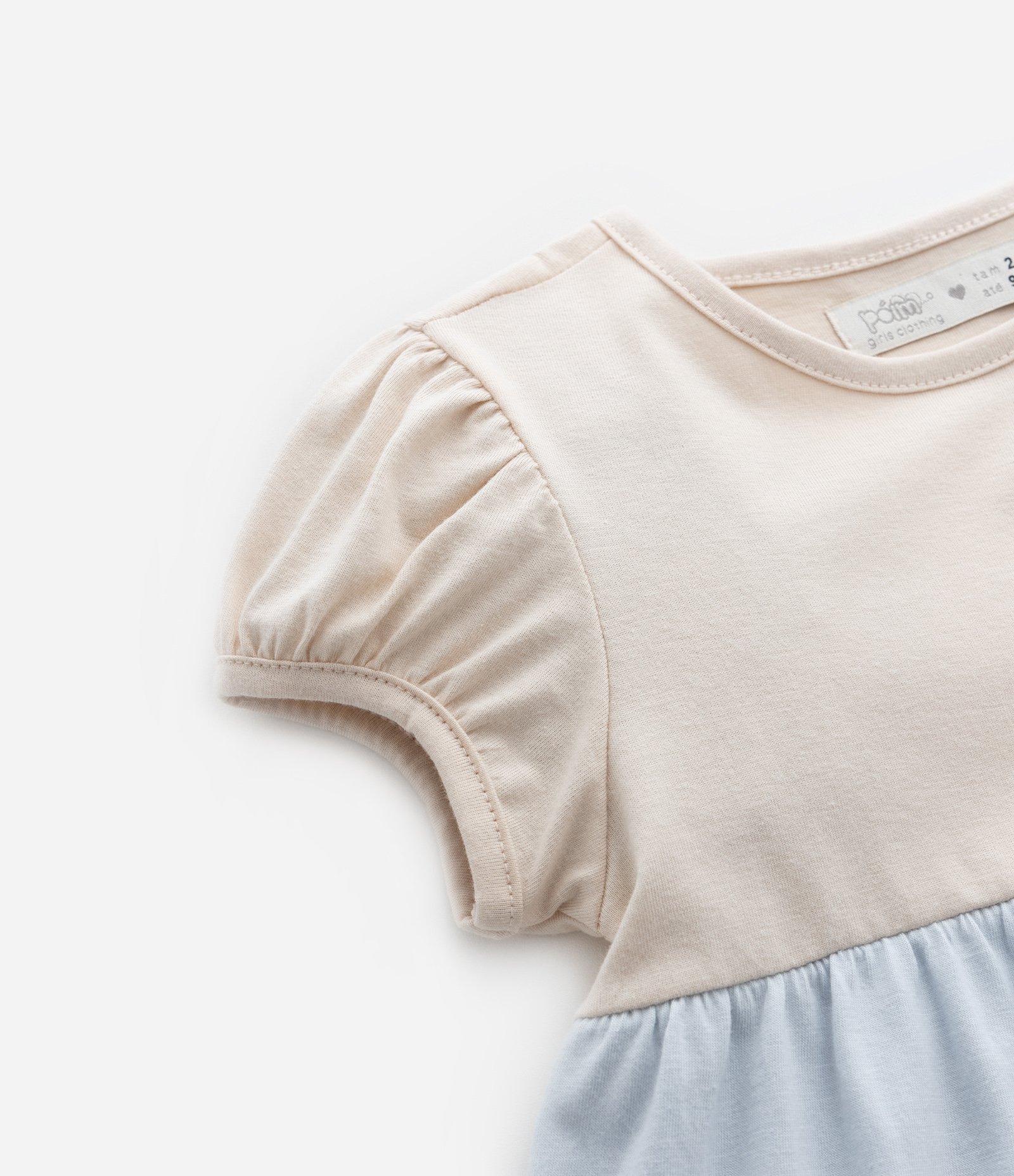 Vestido Marias Infantil com Bordado de Coração e Manga Bufante - Tam 1 a 5 Anos Bege/Azul 4