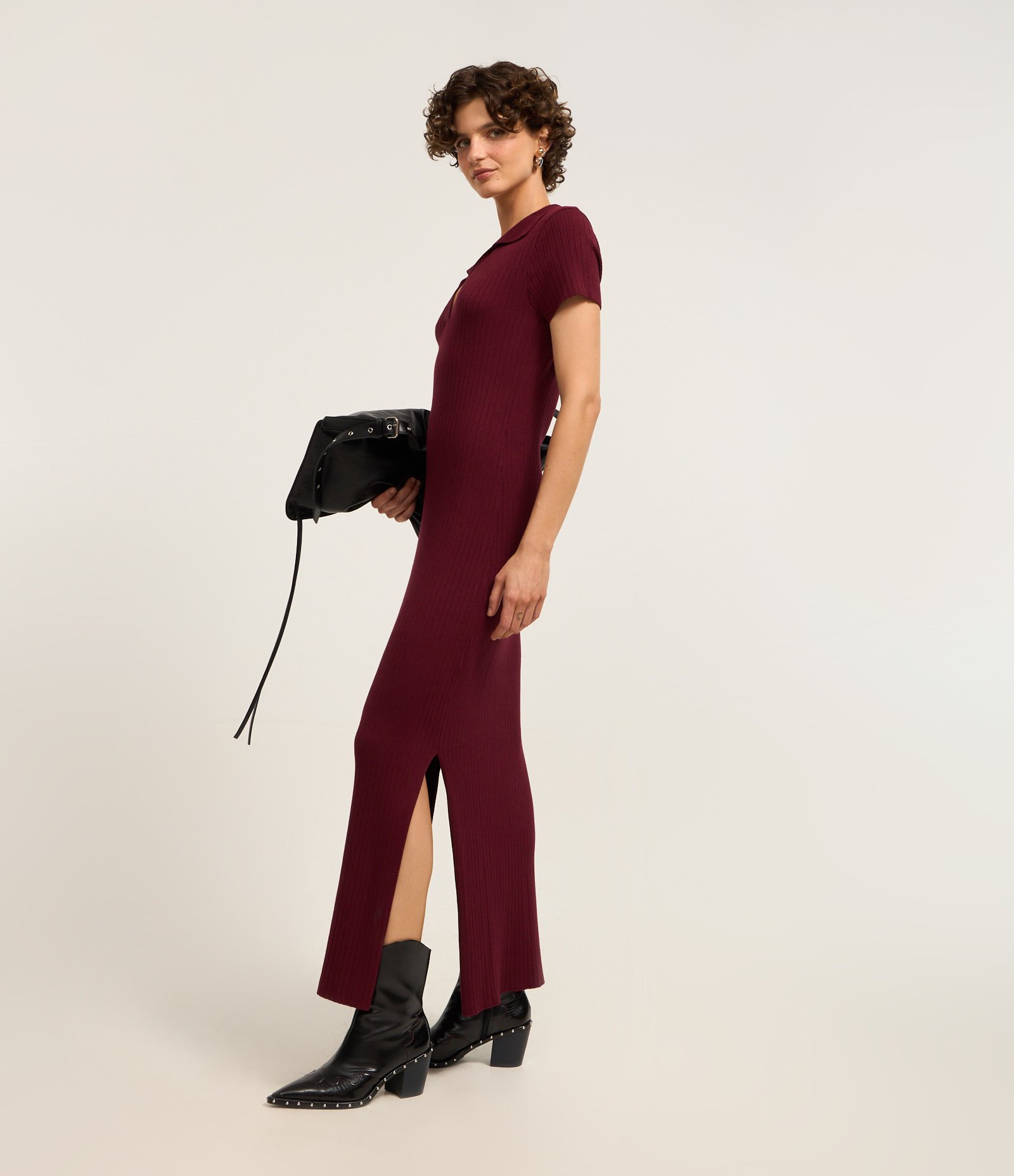 Vestido New Midi em Tricô com Gola Polo Bordô 1