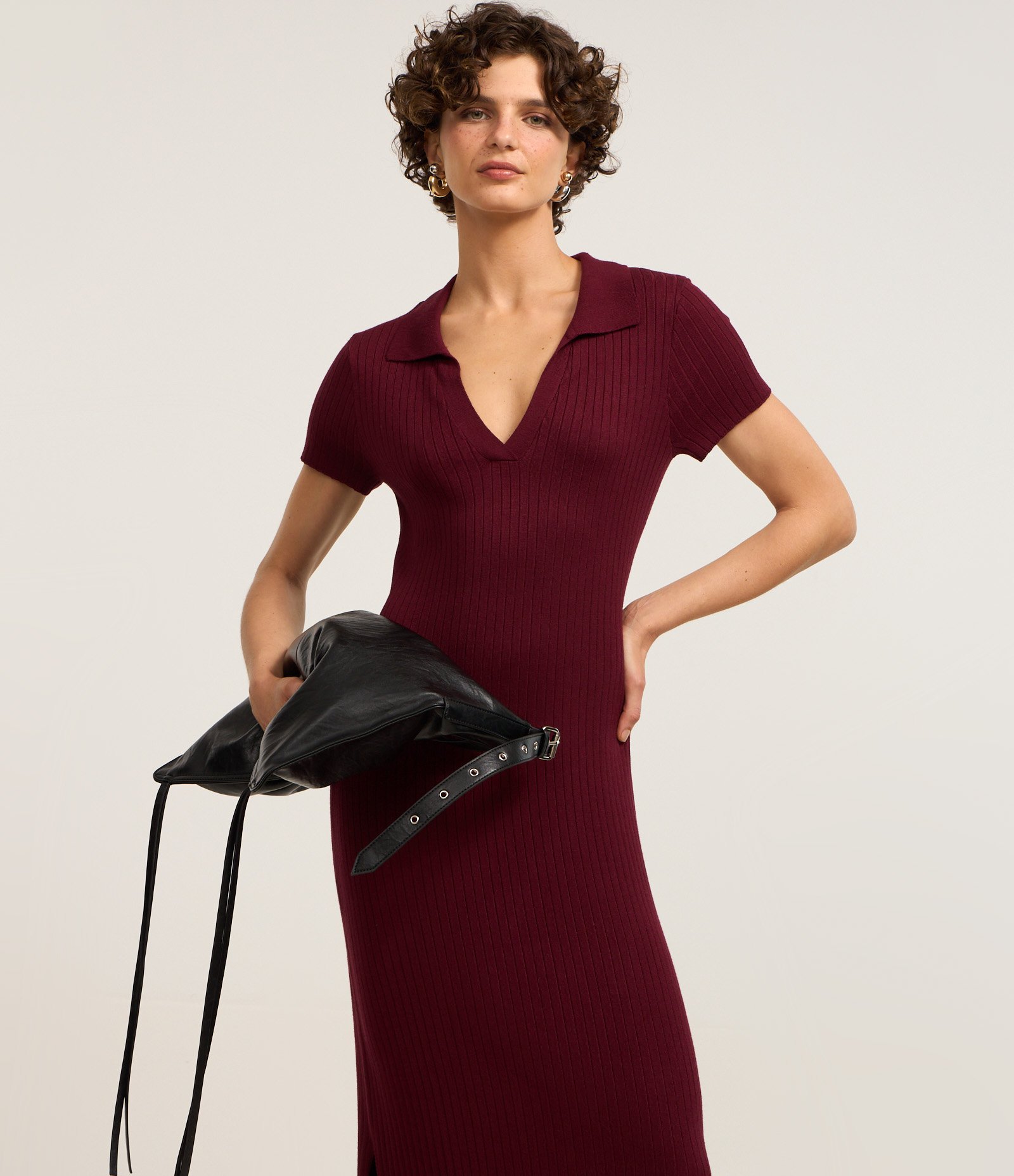 Vestido New Midi em Tricô com Gola Polo Bordô 2