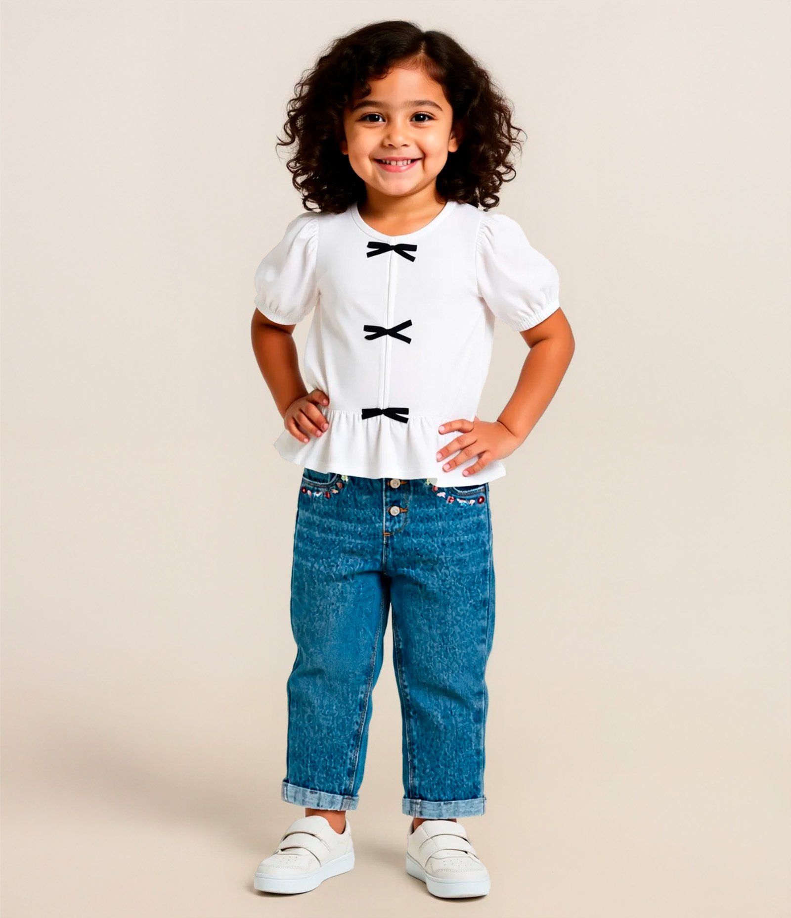 Blusa Infantil Texturizada com Lacinhos Contrastantes - Tam 1 a 6 Anos Branco 1