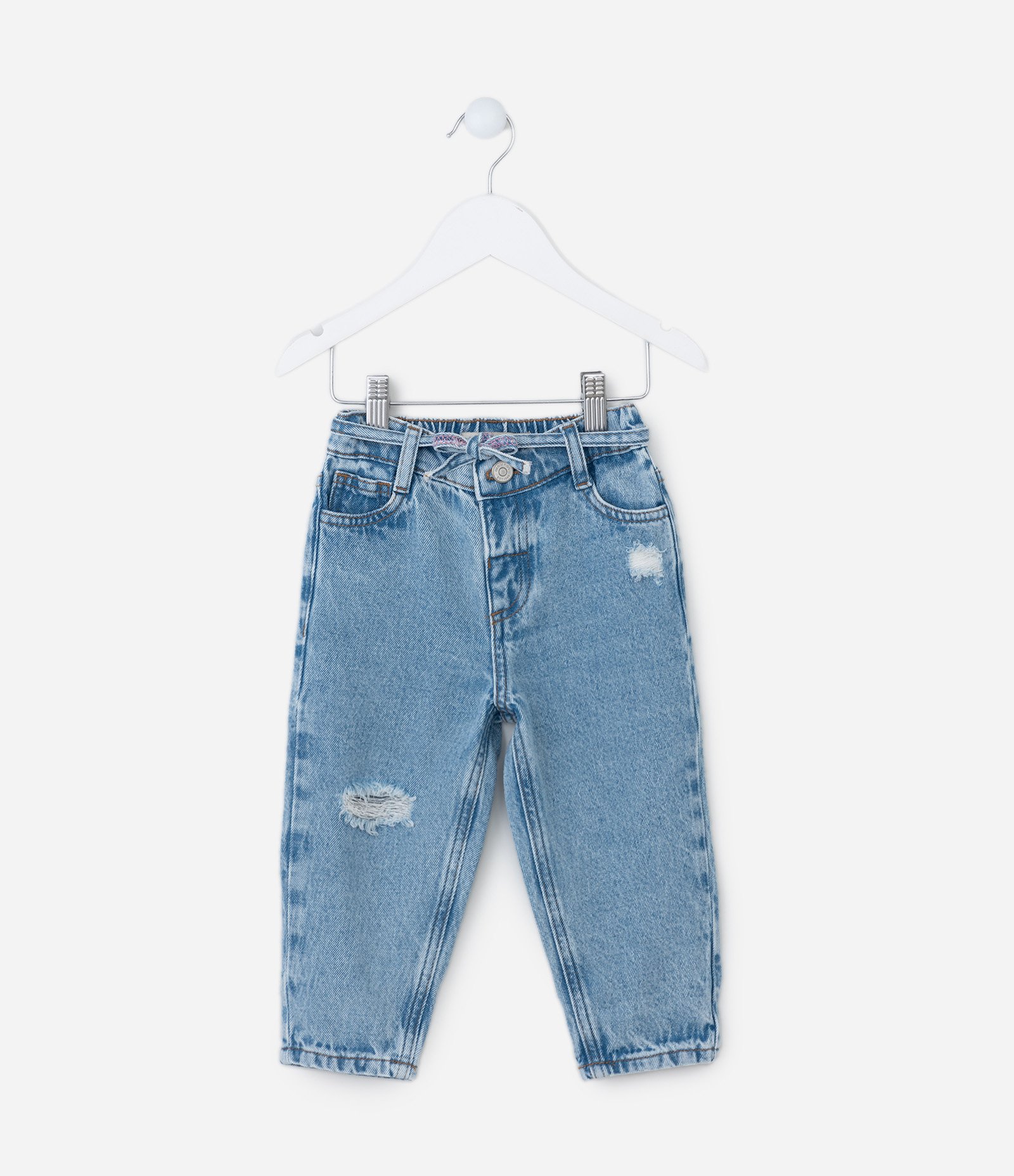 Calça Mom Infantil em Jeans com Amarração na Cintura - Tam 1 a 6 Anos Azul 1