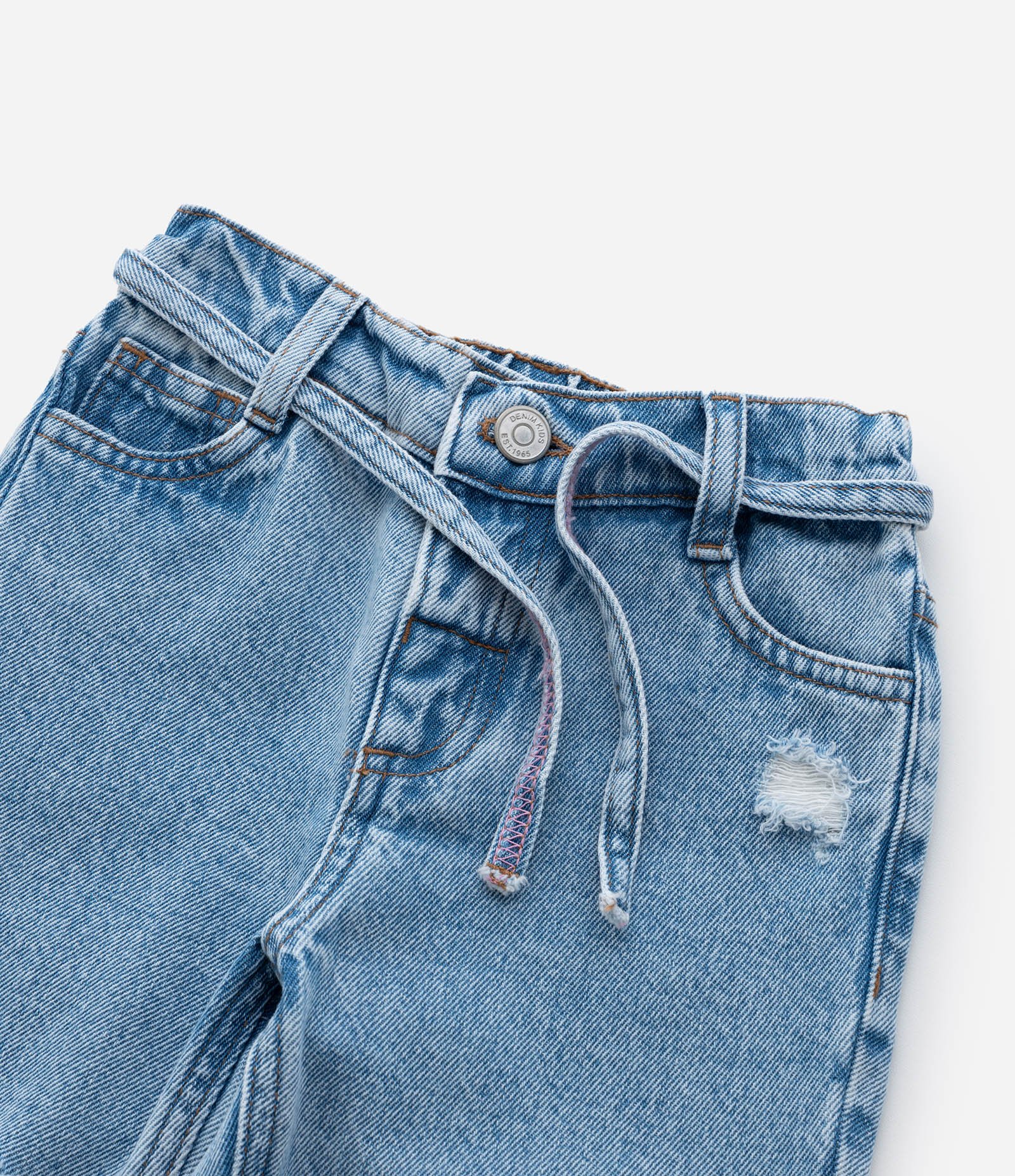 Calça Mom Infantil em Jeans com Amarração na Cintura - Tam 1 a 6 Anos Azul 6