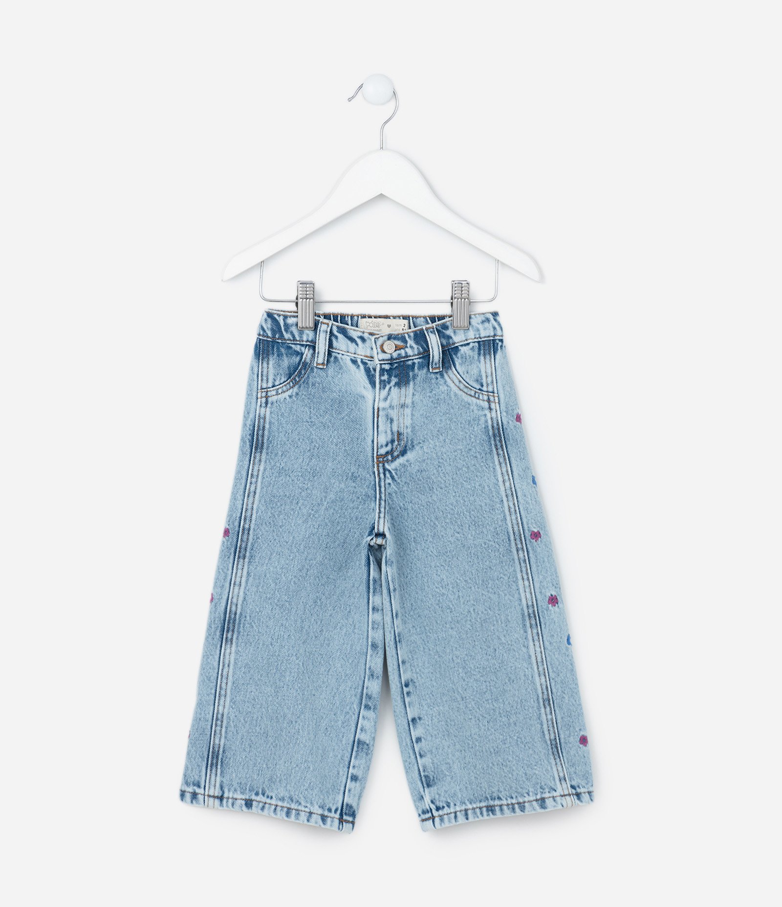 Calça Wide Leg Infantil com Bordado de Flores - Tam 1 a 6 Anos Azul 1