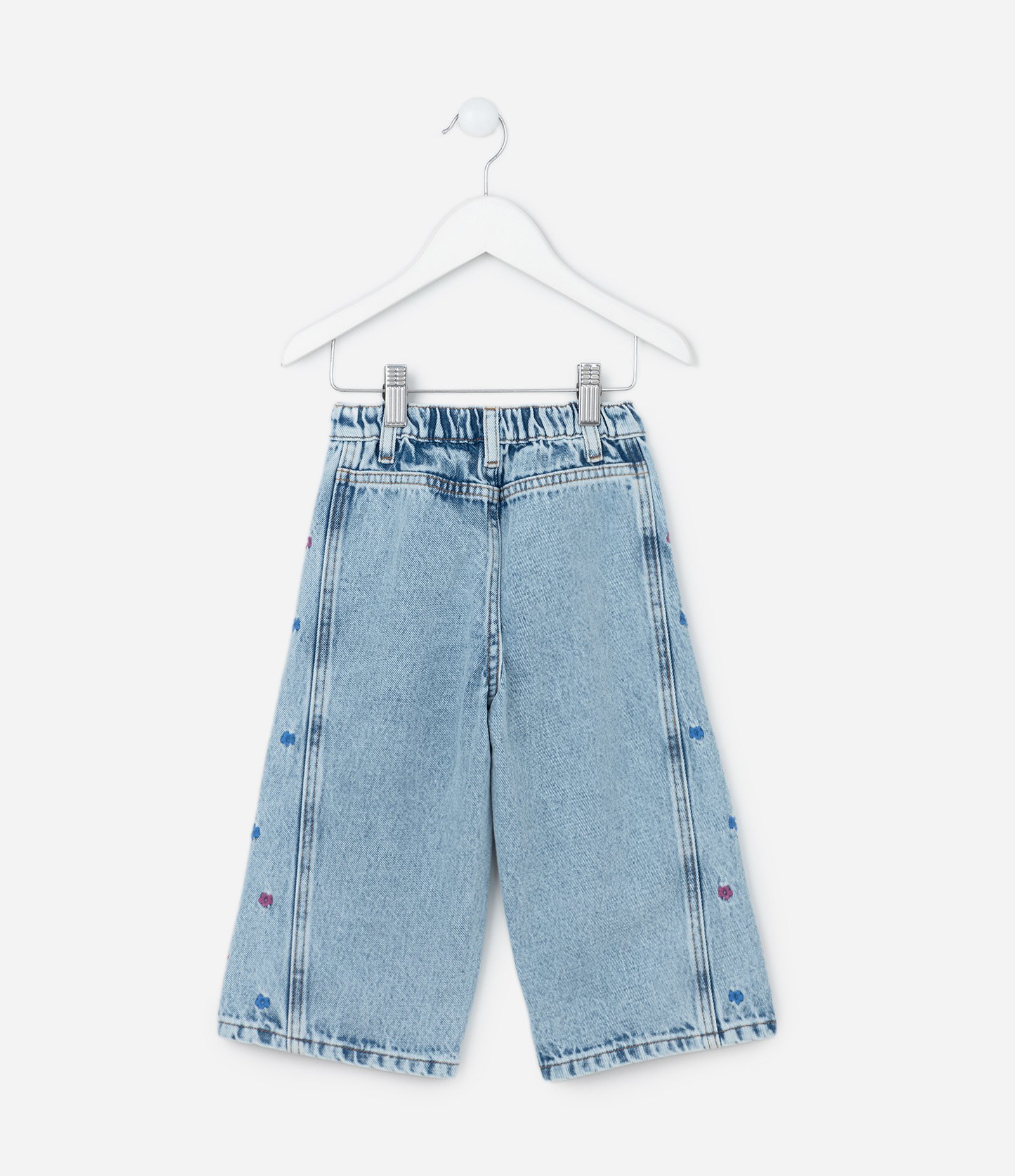 Calça Wide Leg Infantil com Bordado de Flores - Tam 1 a 6 Anos Azul 2