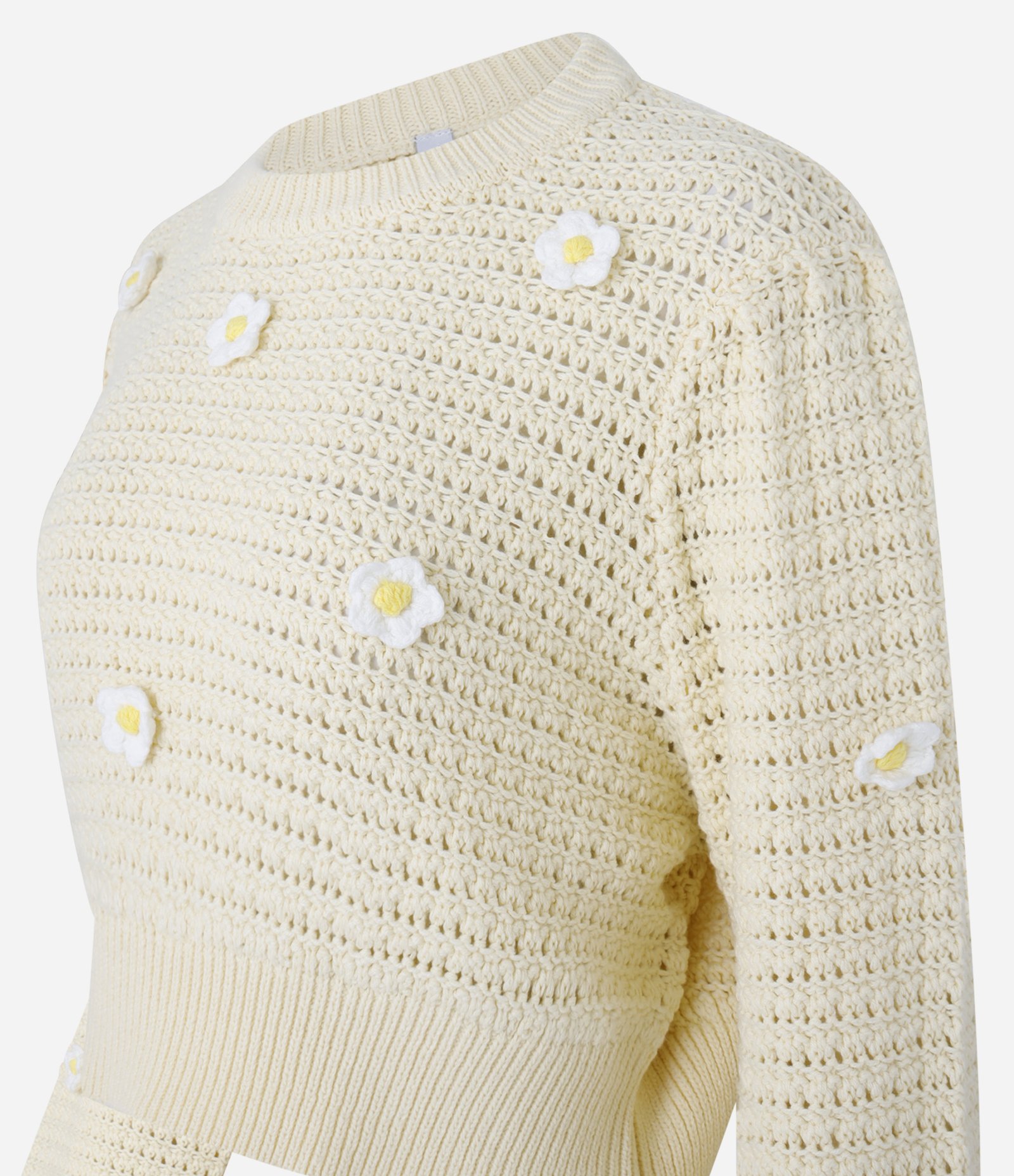 Suéter Cropped em Tricô com Ponto Aberto e Bordado de Flor Amarelo 6