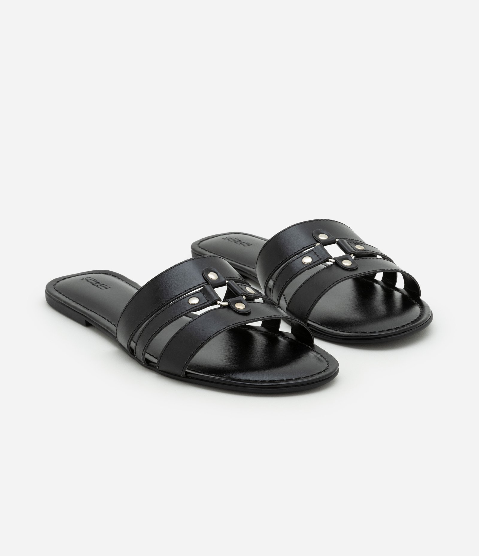 Sandália Rasteira em PU Flat Mule com Enfeite Aplicado Preto 2