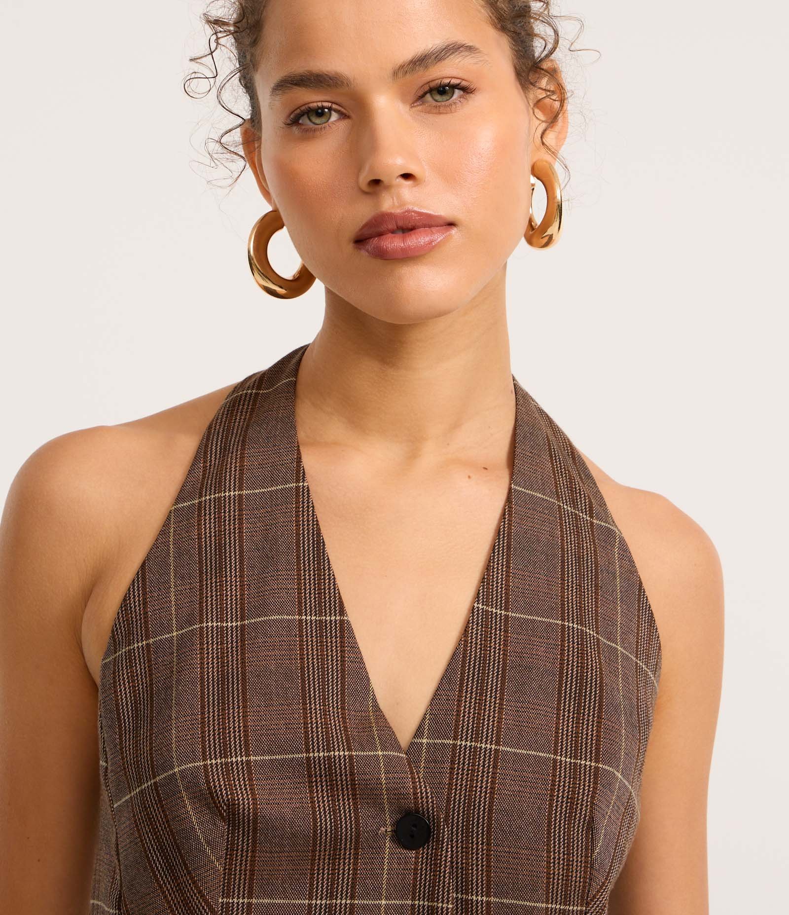 Blusa Colete em Alfaiataria Xadrez Frente Única Marrom 3