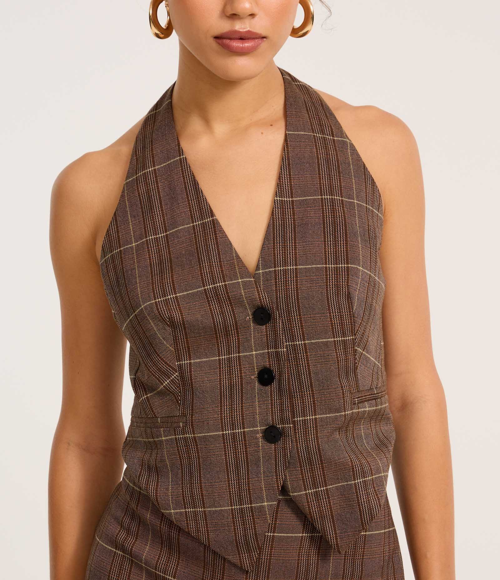 Blusa Colete em Alfaiataria Xadrez Frente Única Marrom 4