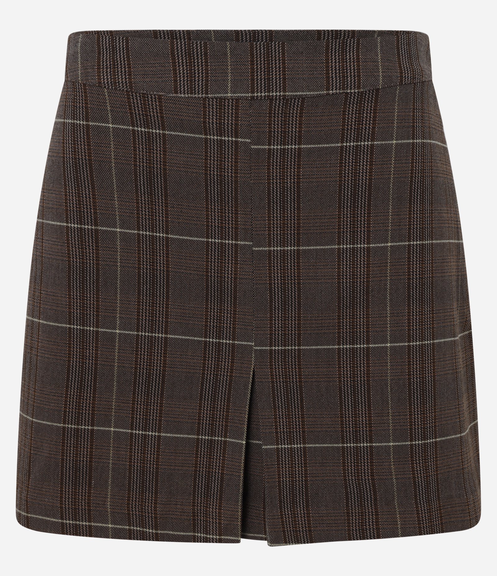Short Saia Curto em Alfaiataria Xadrez e Fenda Frontal Marrom 5