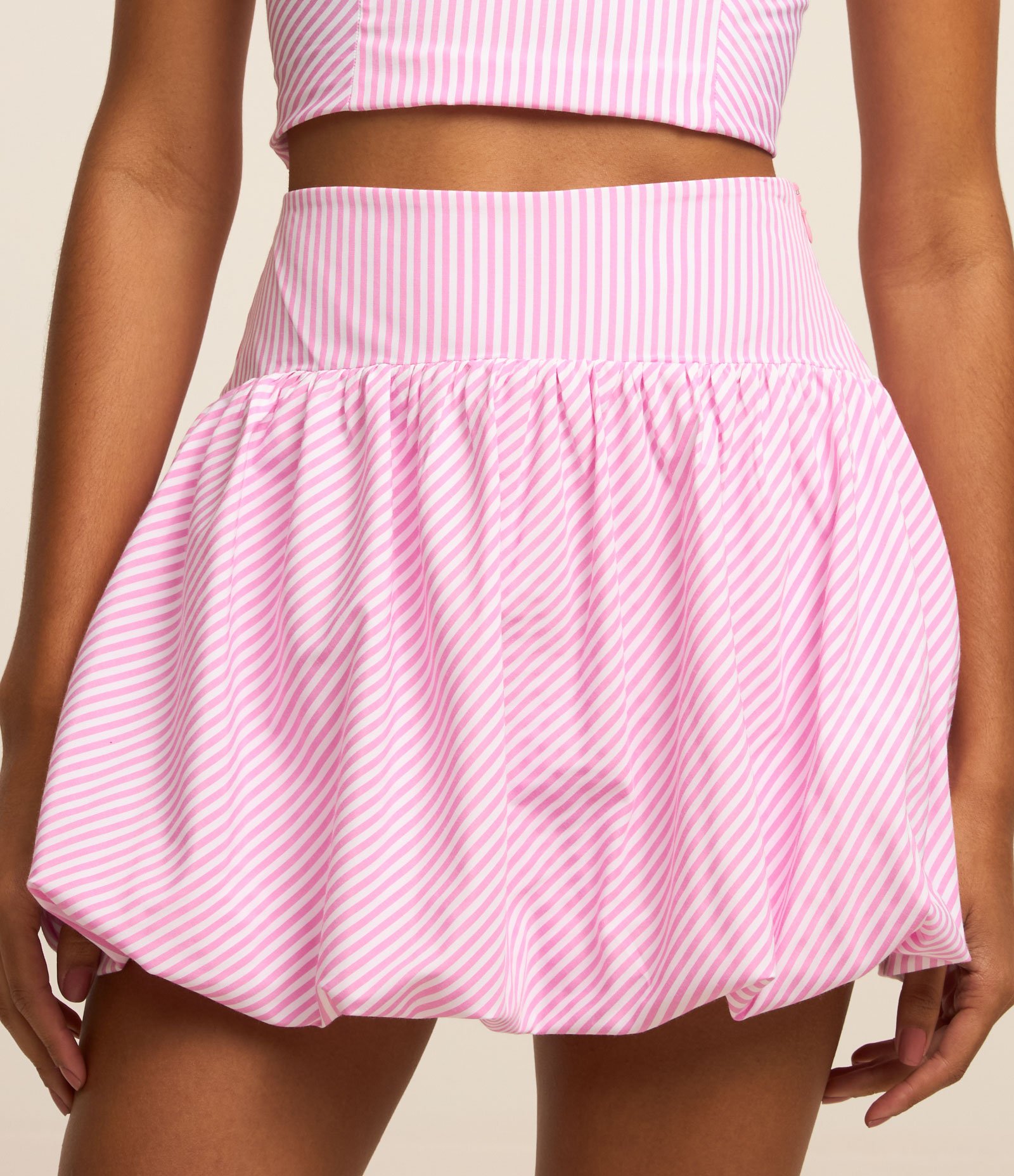 Mini Saia Balonê em Tricoline Listrado Rosa 2
