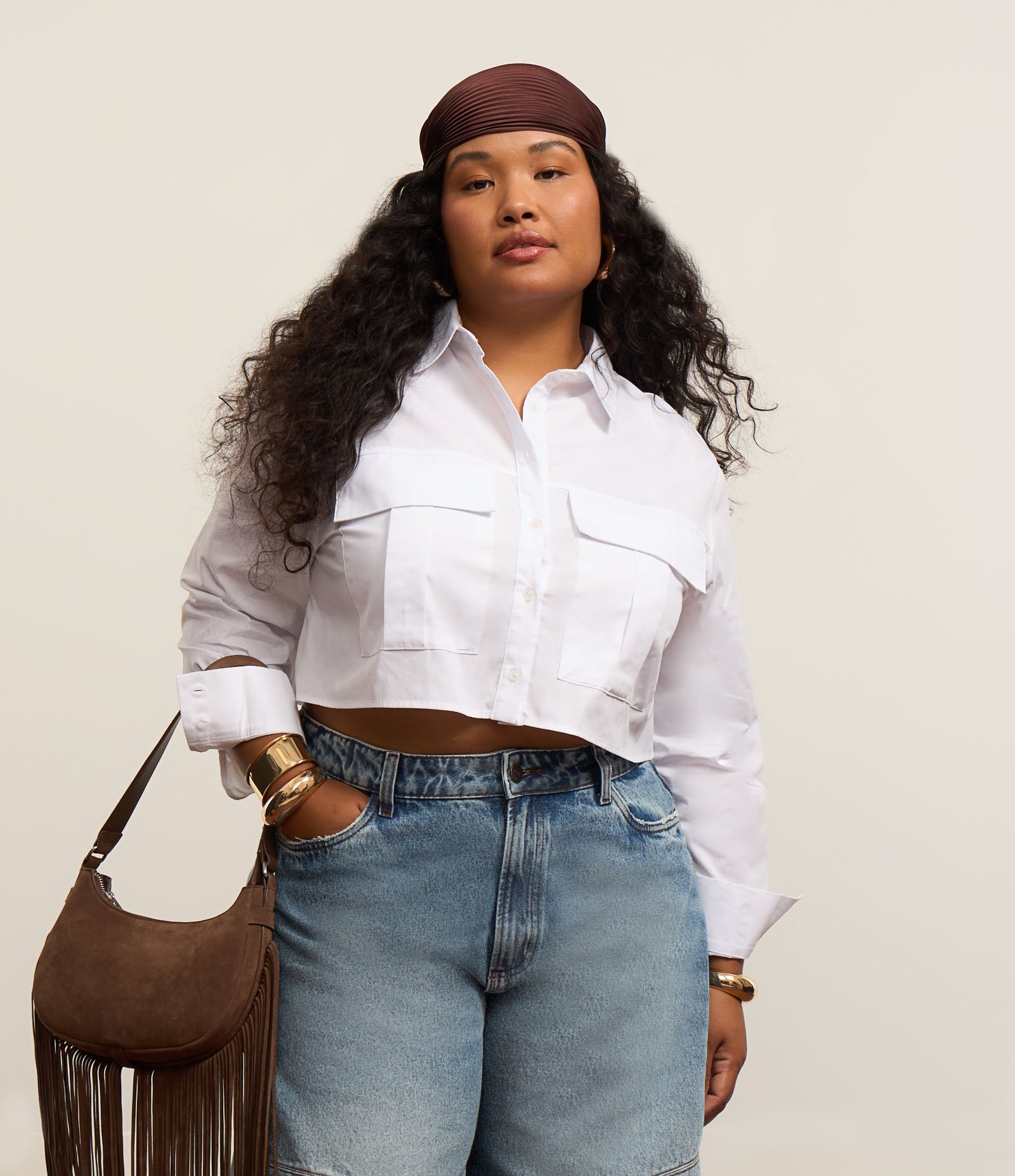 Camisa Cropped em Tricoline com Bolsos Curve & Plus Size Branco 3