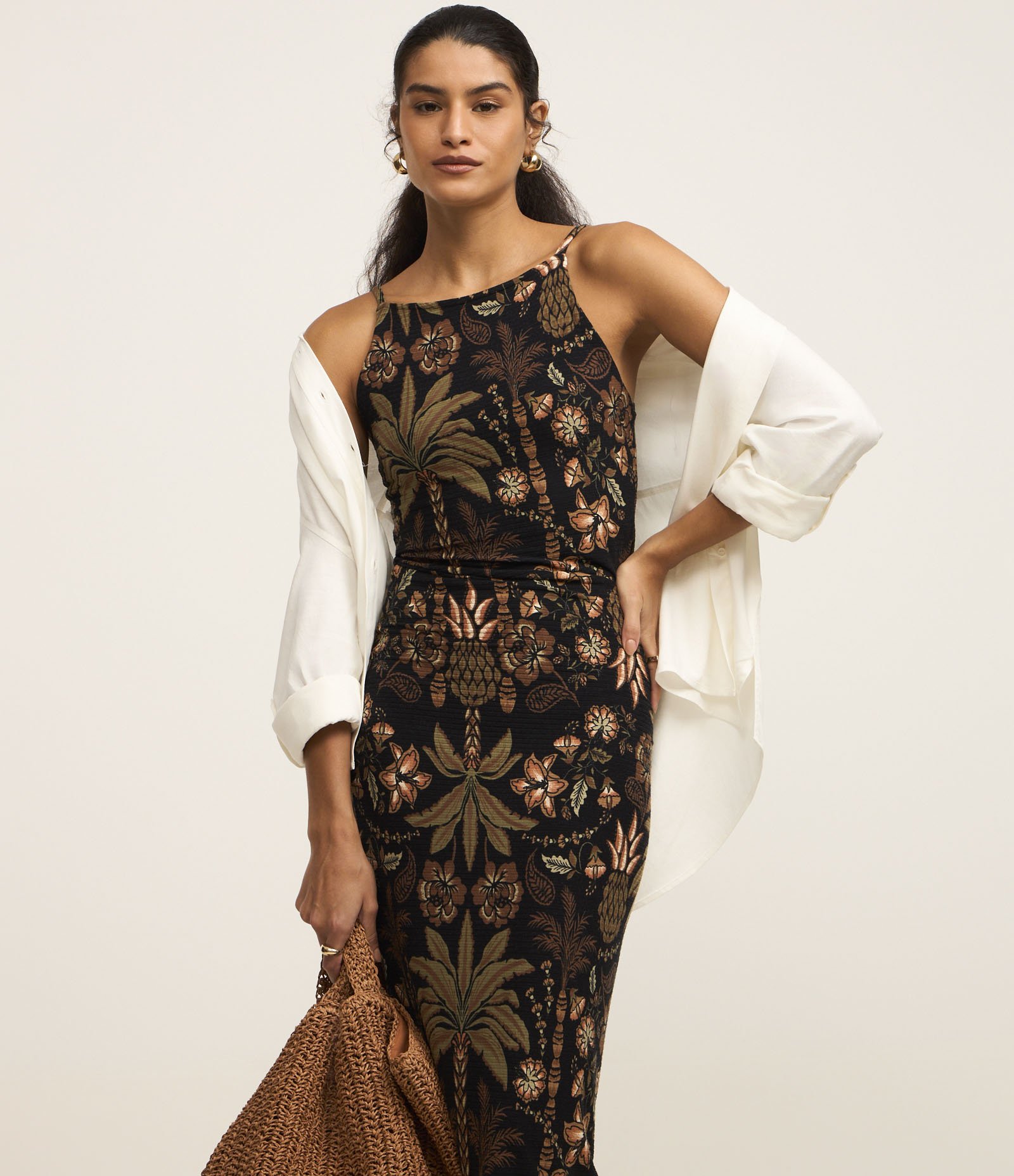 Vestido Midi de Alça em Ribana com Estampa Folhagem Preto 1