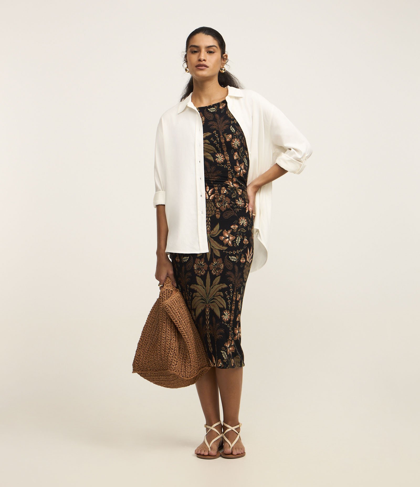 Vestido Midi de Alça em Ribana com Estampa Folhagem Preto 2