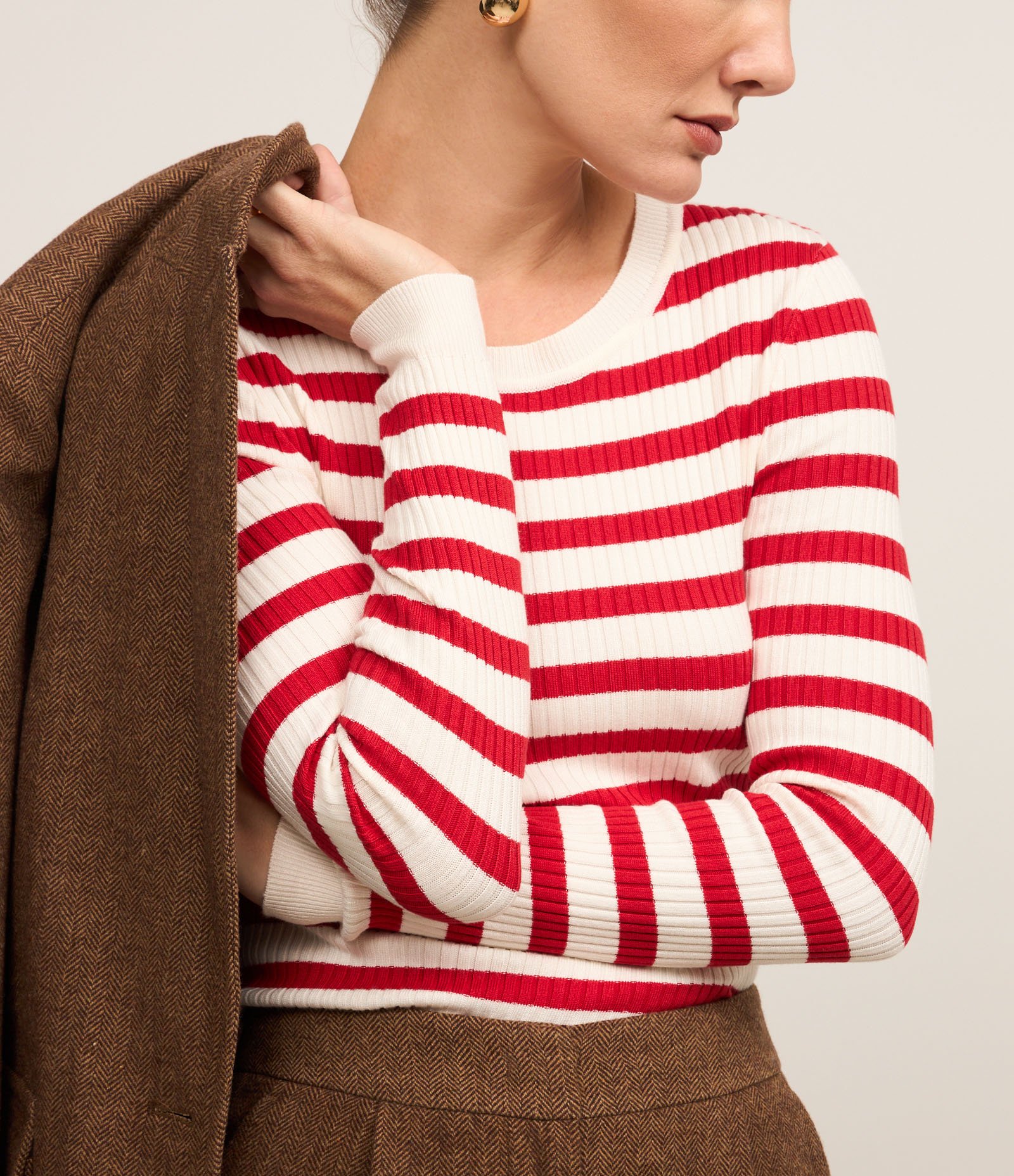Suéter Listrado em Tricô com Gola Redonda Vermelho/Branco 1