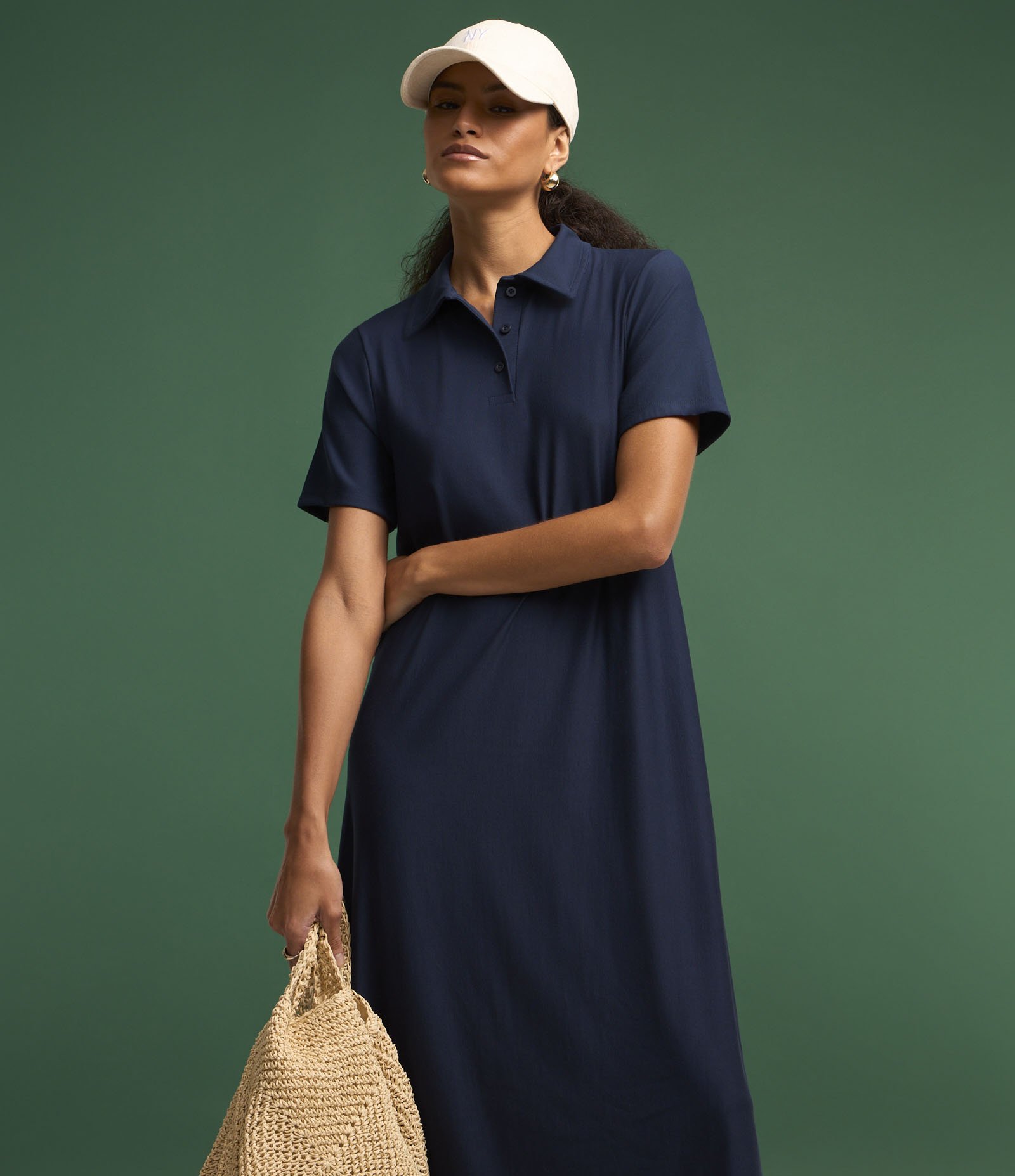 Vestido T-Shirt Midi em Viscose com Gola Polo Azul Marinho 1