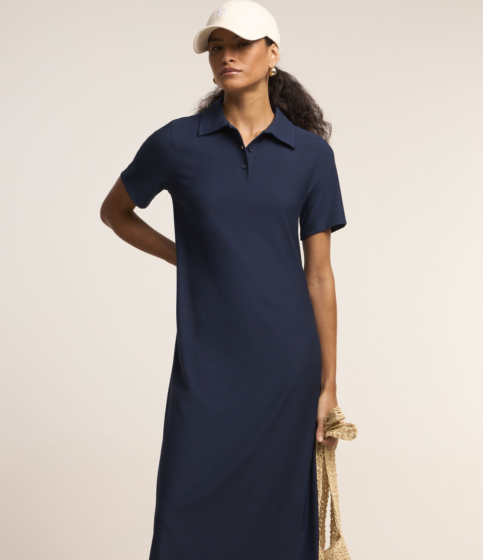 Vestido T-Shirt Midi em Viscose com Gola Polo Azul Marinho 3