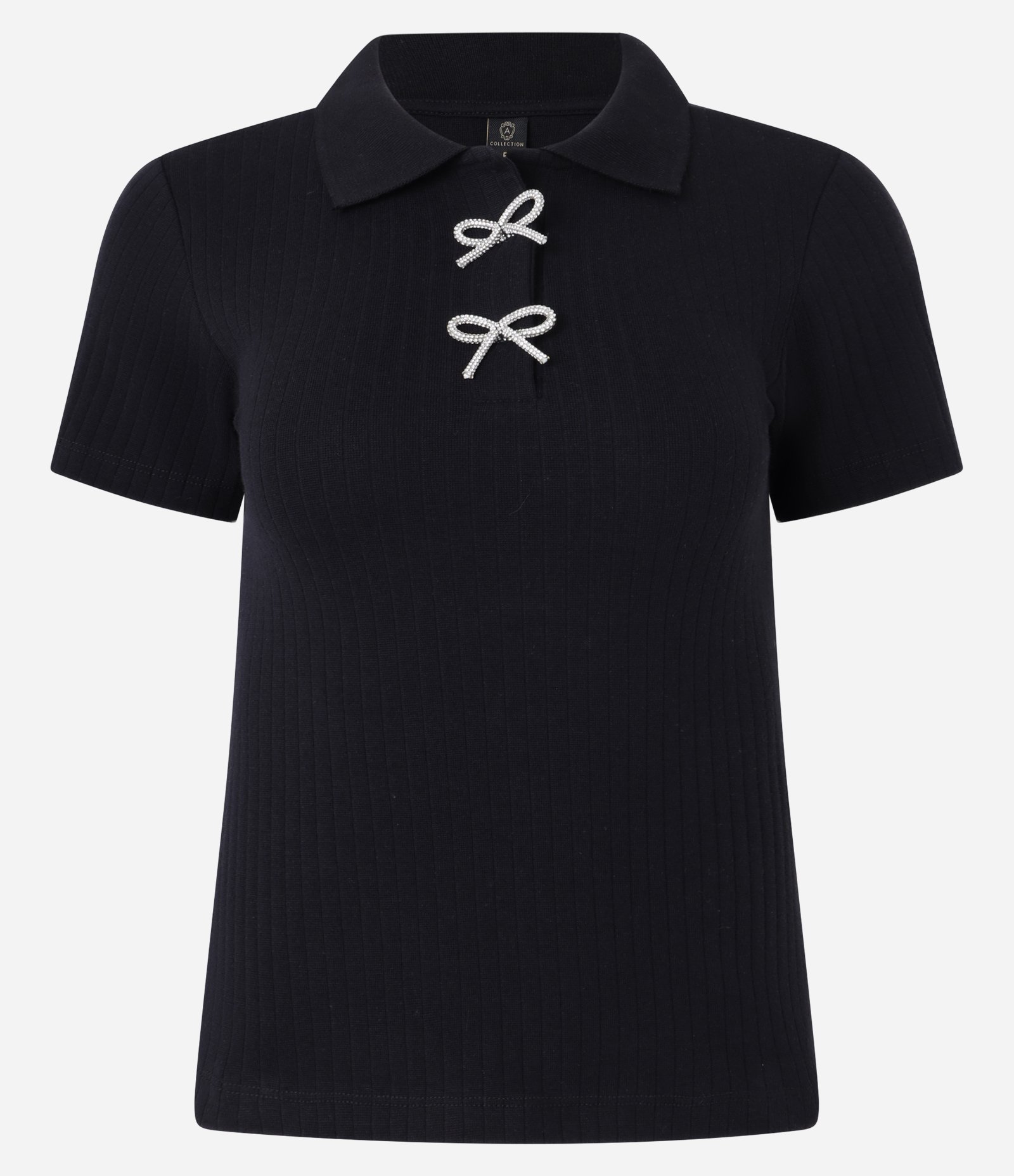 Blusa Polo Canelada com Lacinhos Brilhosos na Gola Preto 6
