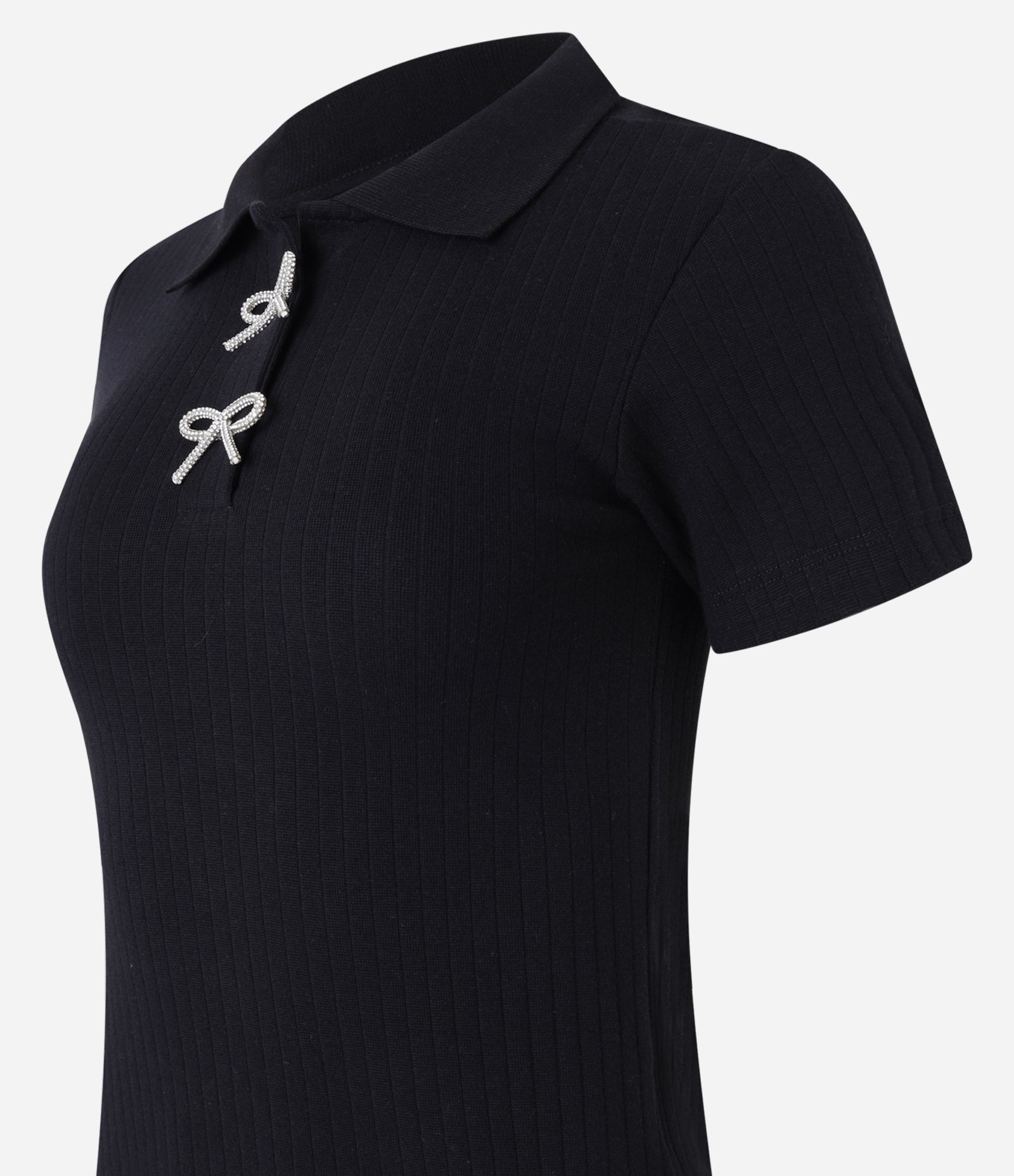 Blusa Polo Canelada com Lacinhos Brilhosos na Gola Preto 7
