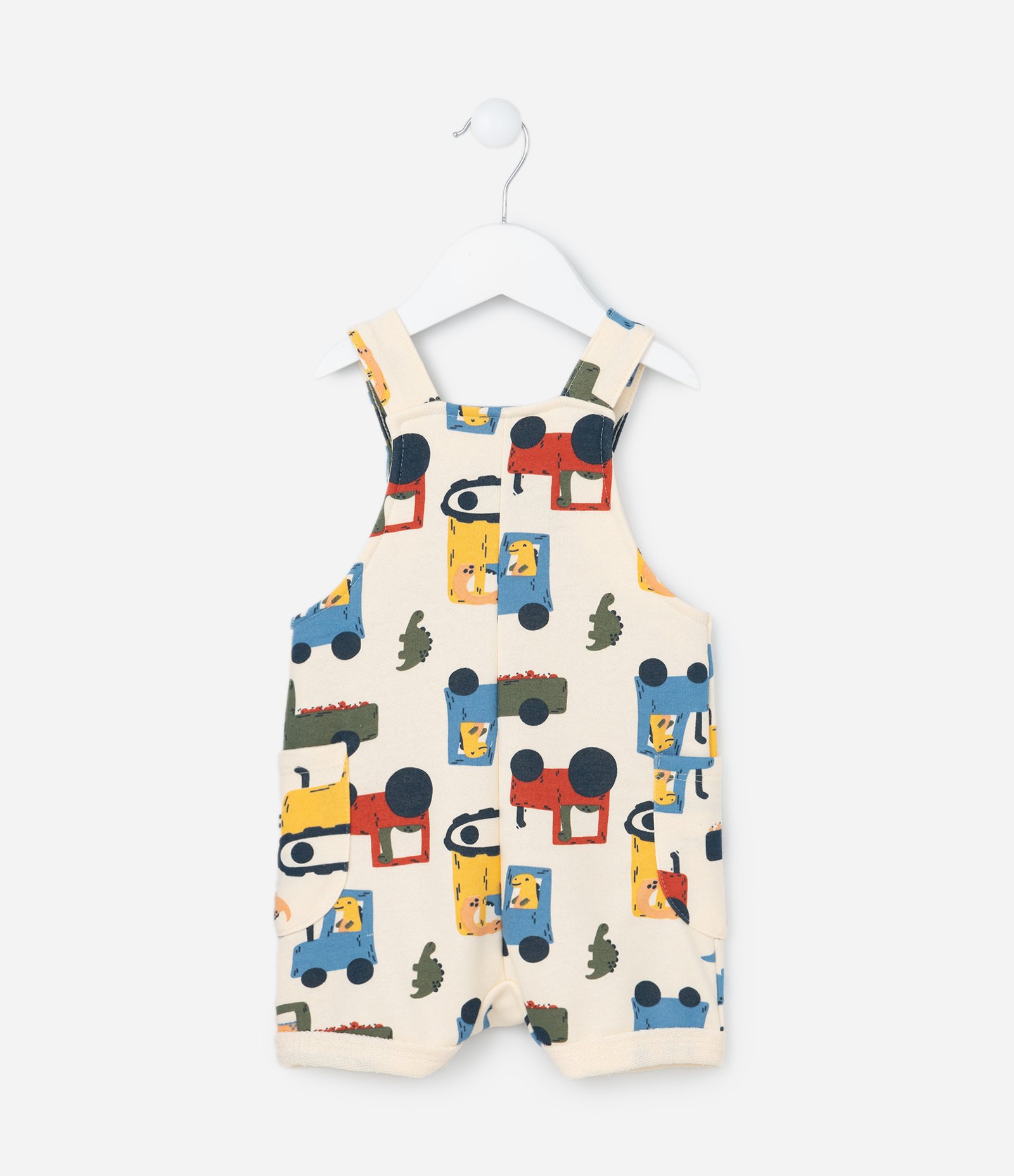 Jardineira Infantil com Regulagem e Estampa de Carros e Dinos - Tam 0 a 18 Meses Bege 2