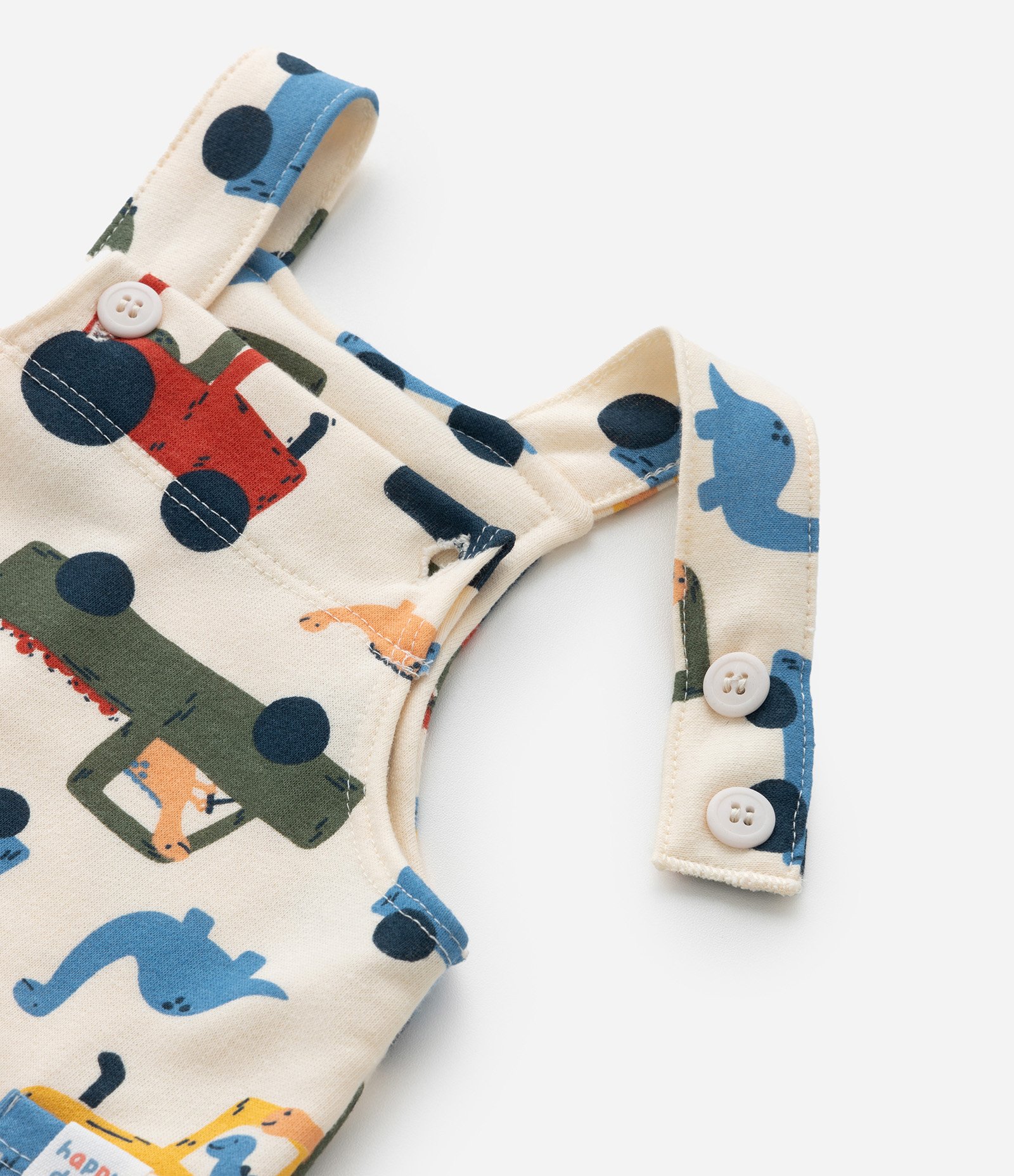 Jardineira Infantil com Regulagem e Estampa de Carros e Dinos - Tam 0 a 18 Meses Bege 6