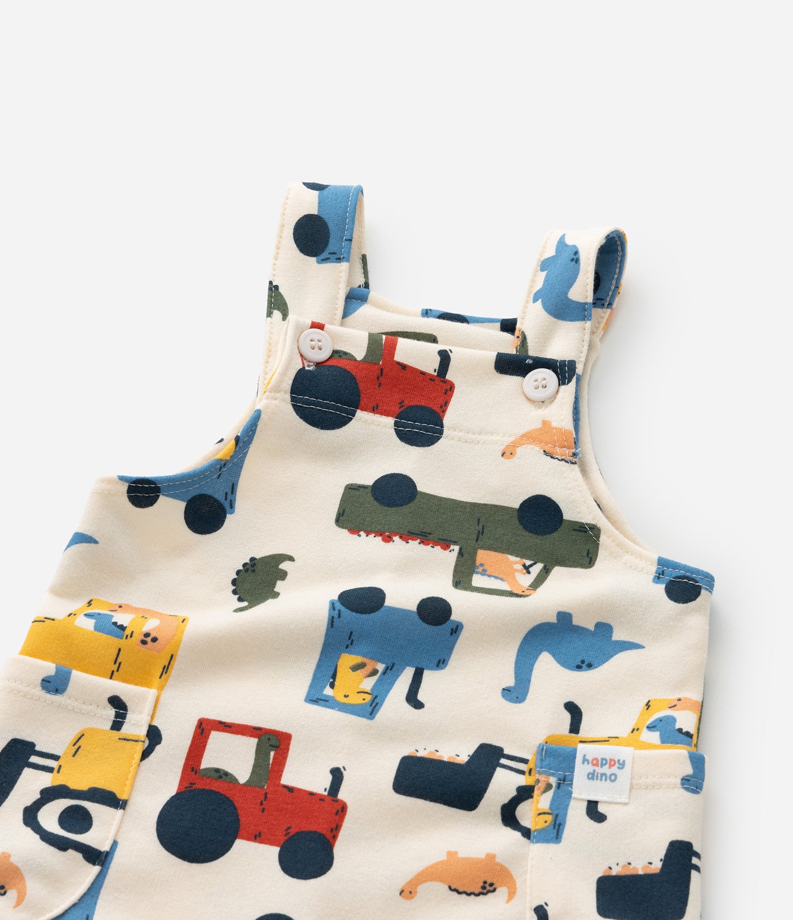 Jardineira Infantil com Regulagem e Estampa de Carros e Dinos - Tam 0 a 18 Meses Bege 7