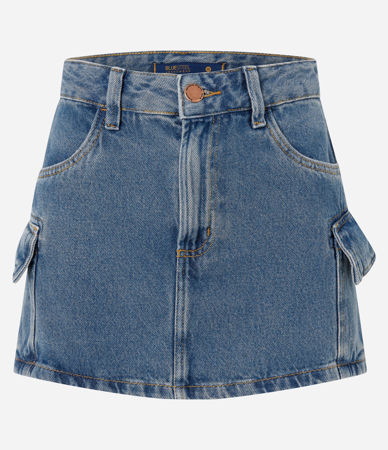 Saia Curta em Jeans com Bolsos Cargo Azul Médio 1
