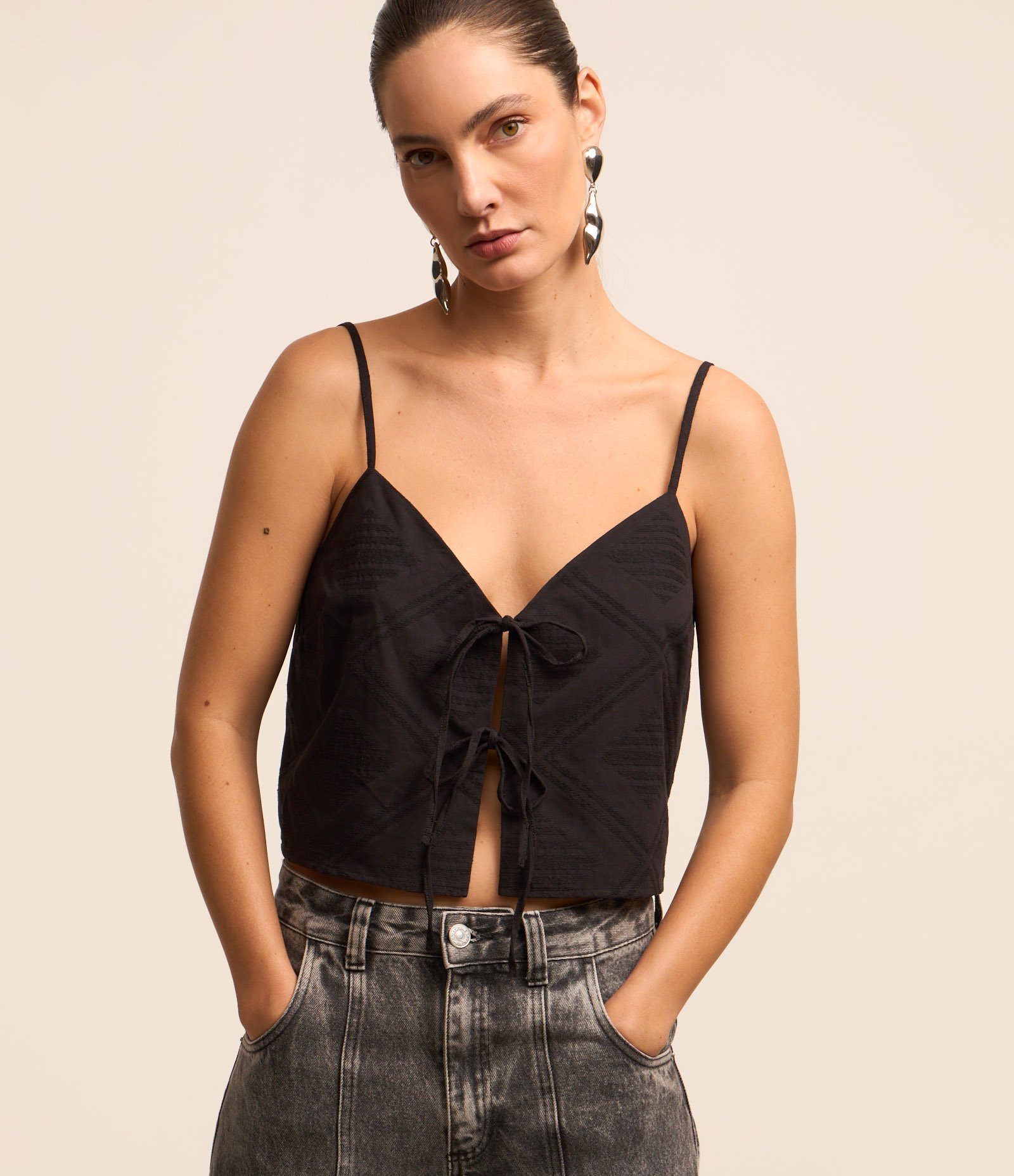 Blusa de Alça em Algodão com Textura Jacquard e Amarração Preto 1