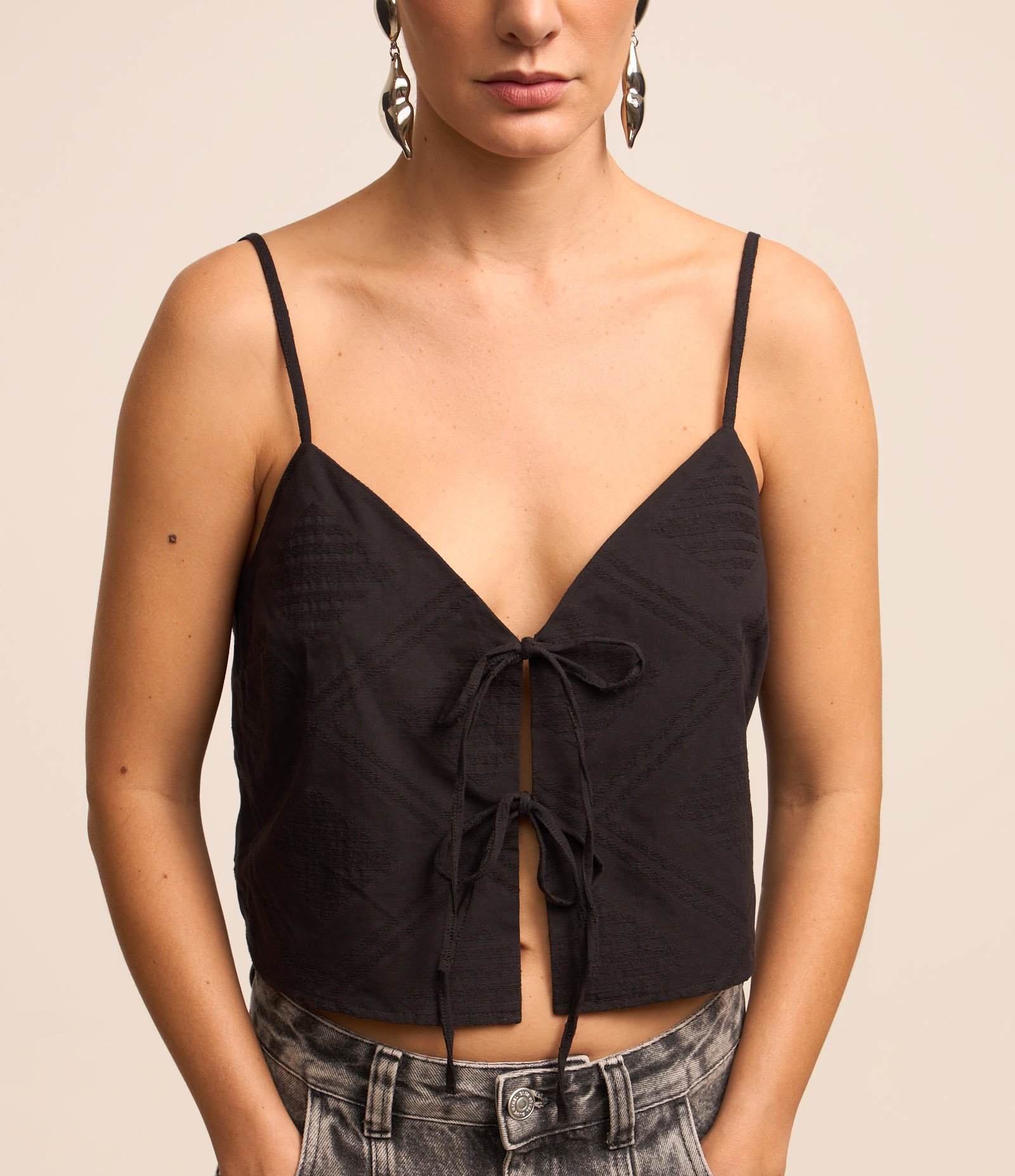 Blusa de Alça em Algodão com Textura Jacquard e Amarração Preto 3