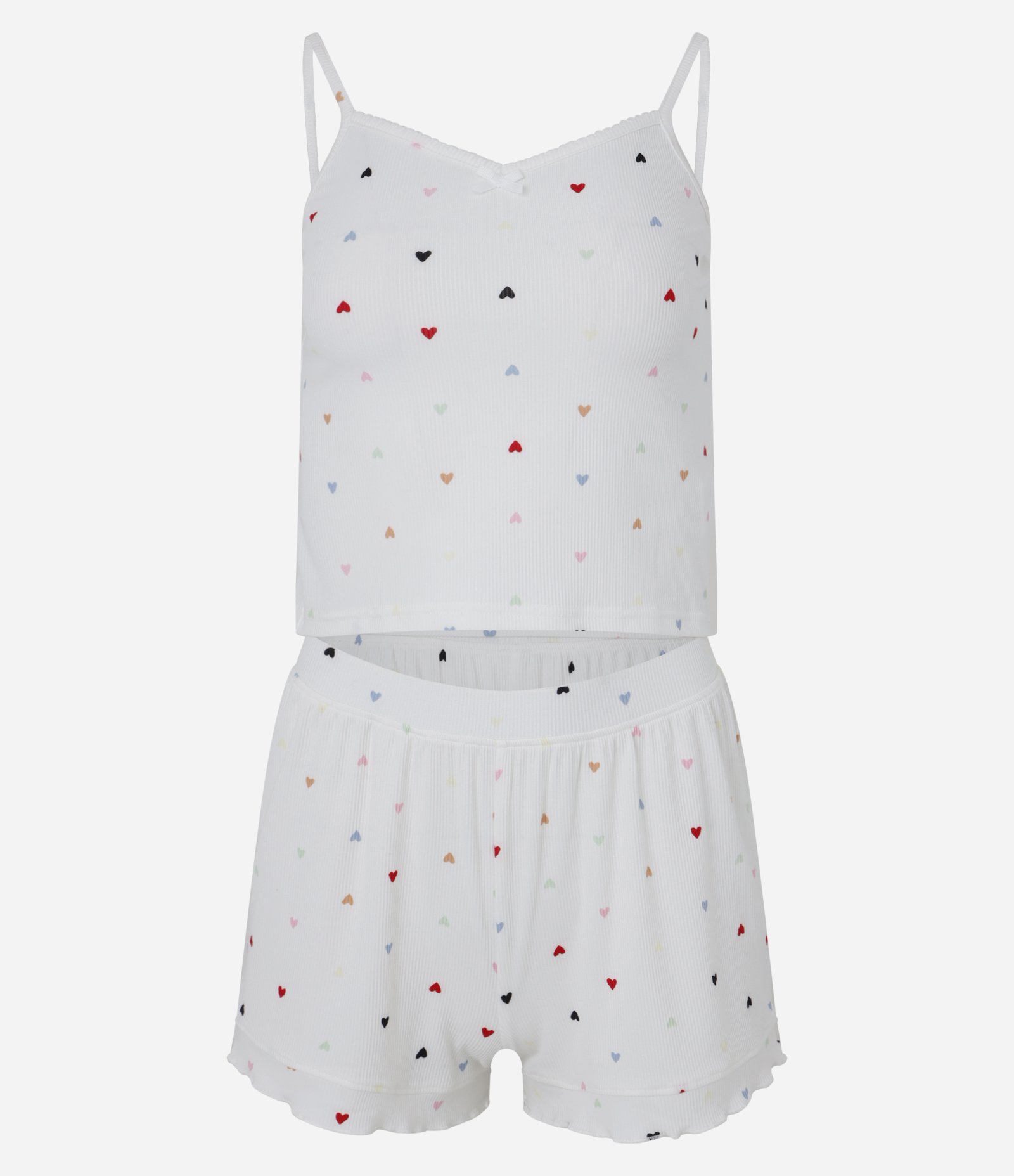 Pijama Short Doll Alcinha Ribana com Estampa de Coração Branco 4