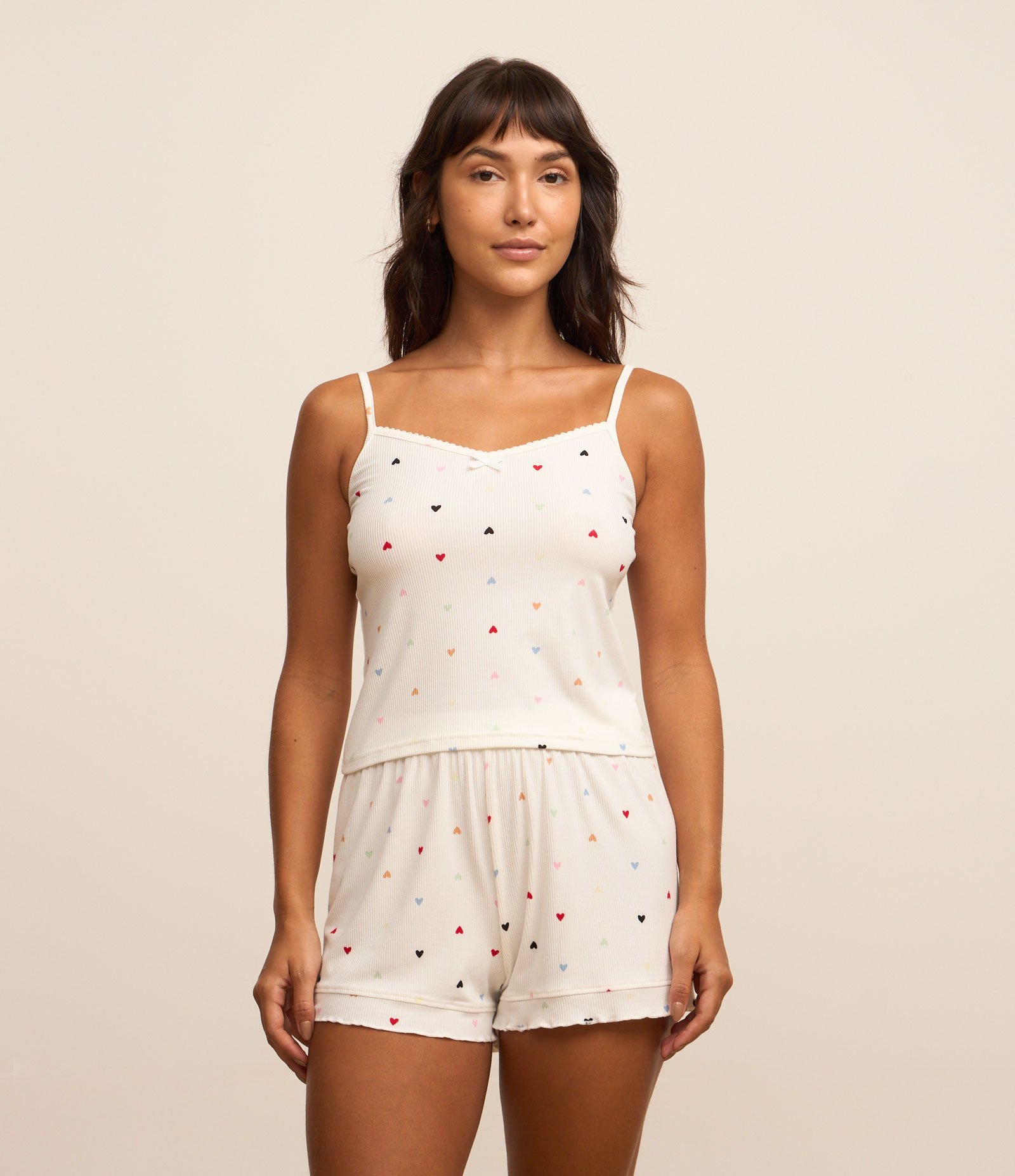 Pijama Short Doll Alcinha Ribana com Estampa de Coração Branco 2