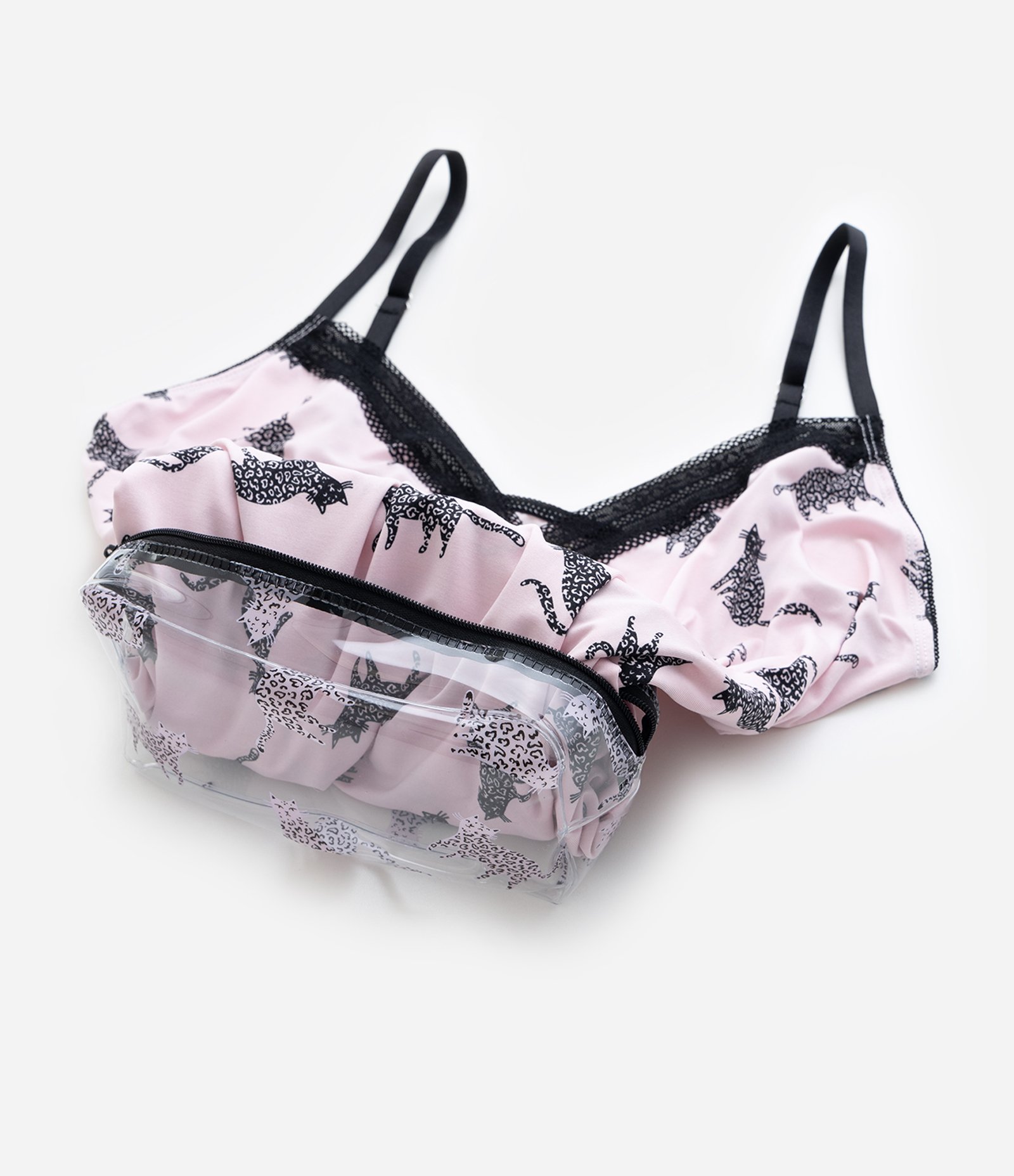 Camisola Curta em Microfibra Estampada de Gatinho com Nécessaire Rosa 8