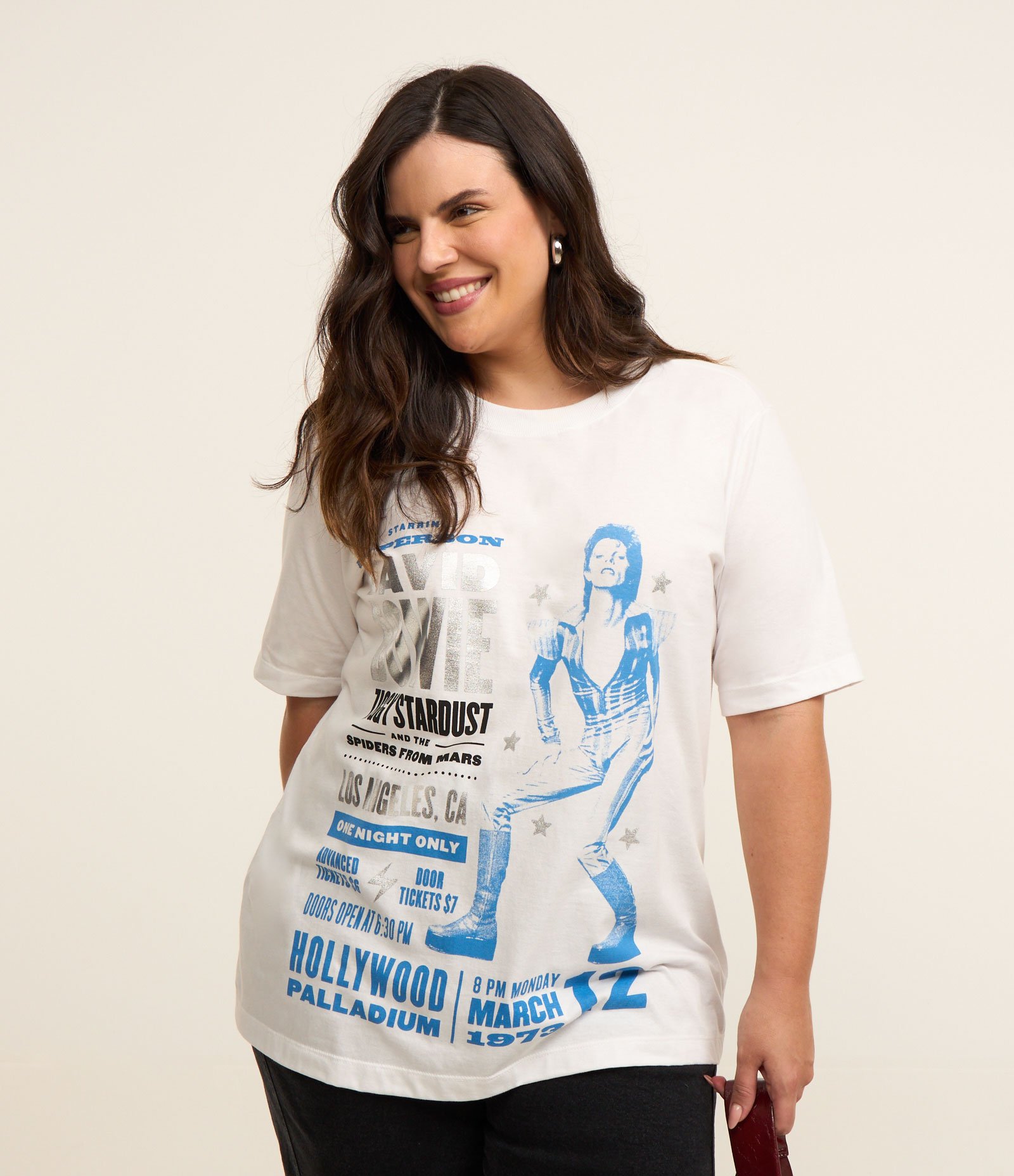 Camiseta em Algodão Estampada David Bowie Curve & Plus Size Branco 1
