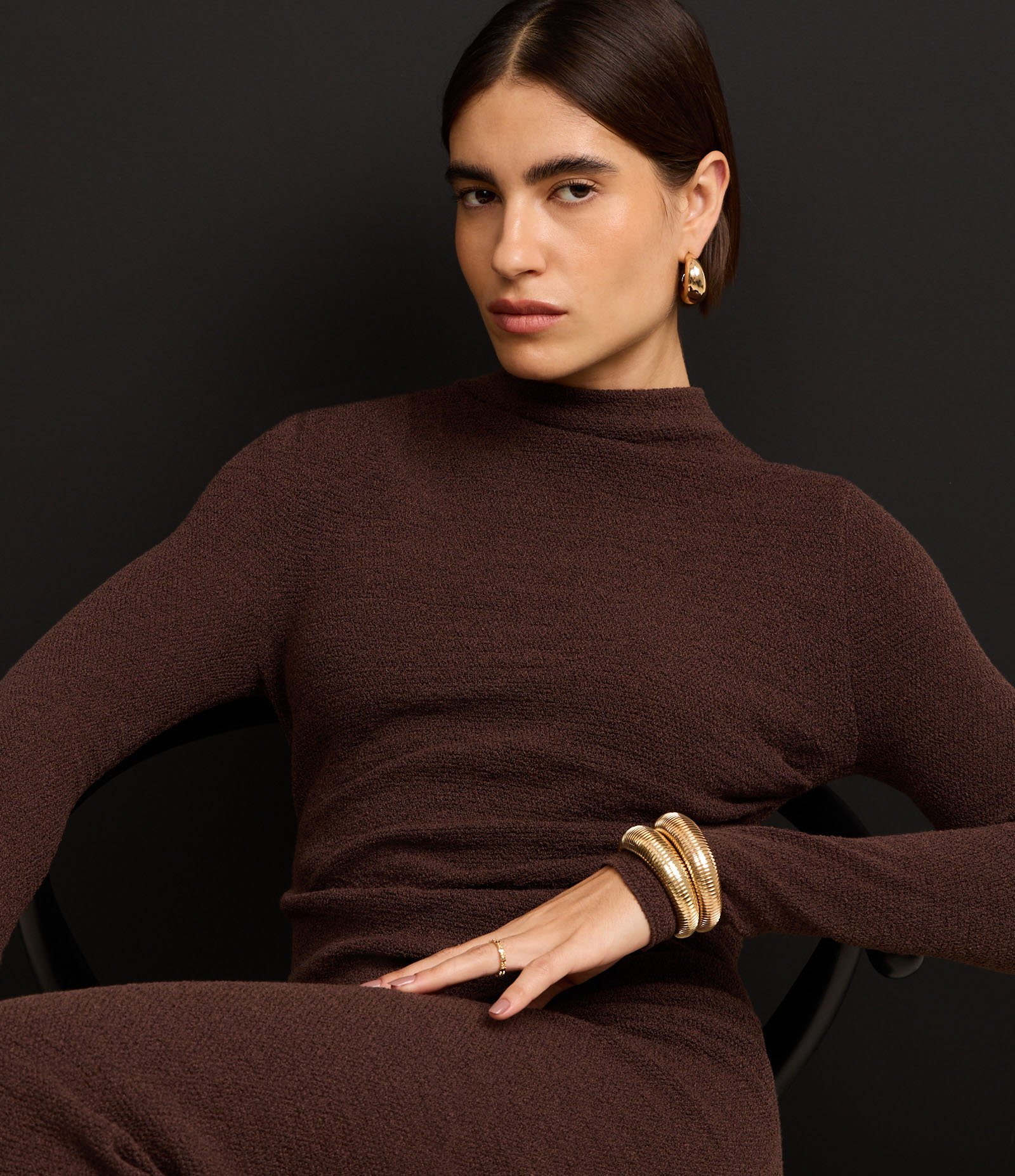 Vestido Long Midi em Tricô com Gola Degagê Marrom 6