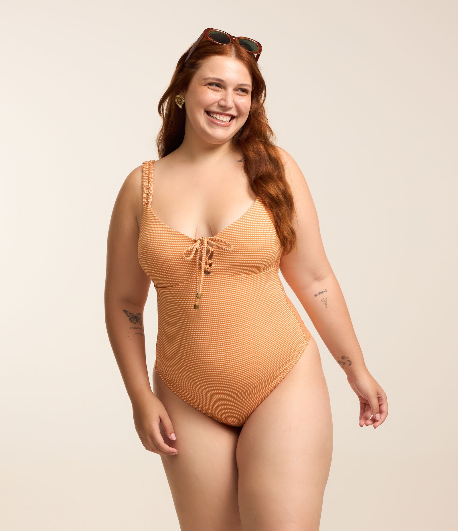 Maiô Microfibra Xadrez Vichy com Fio Duplo Curve & Plus Size Caramelo/Branco 1