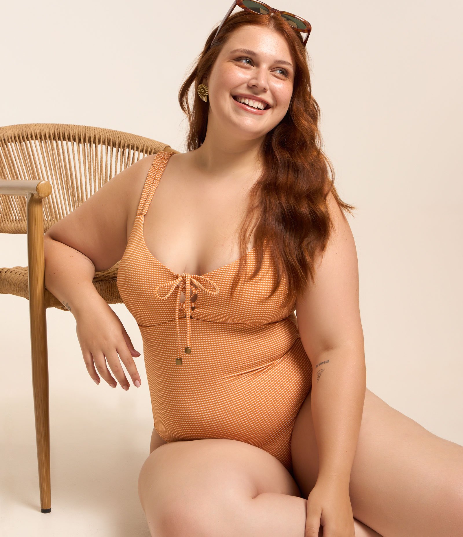 Maiô Microfibra Xadrez Vichy com Fio Duplo Curve & Plus Size Caramelo/Branco 4