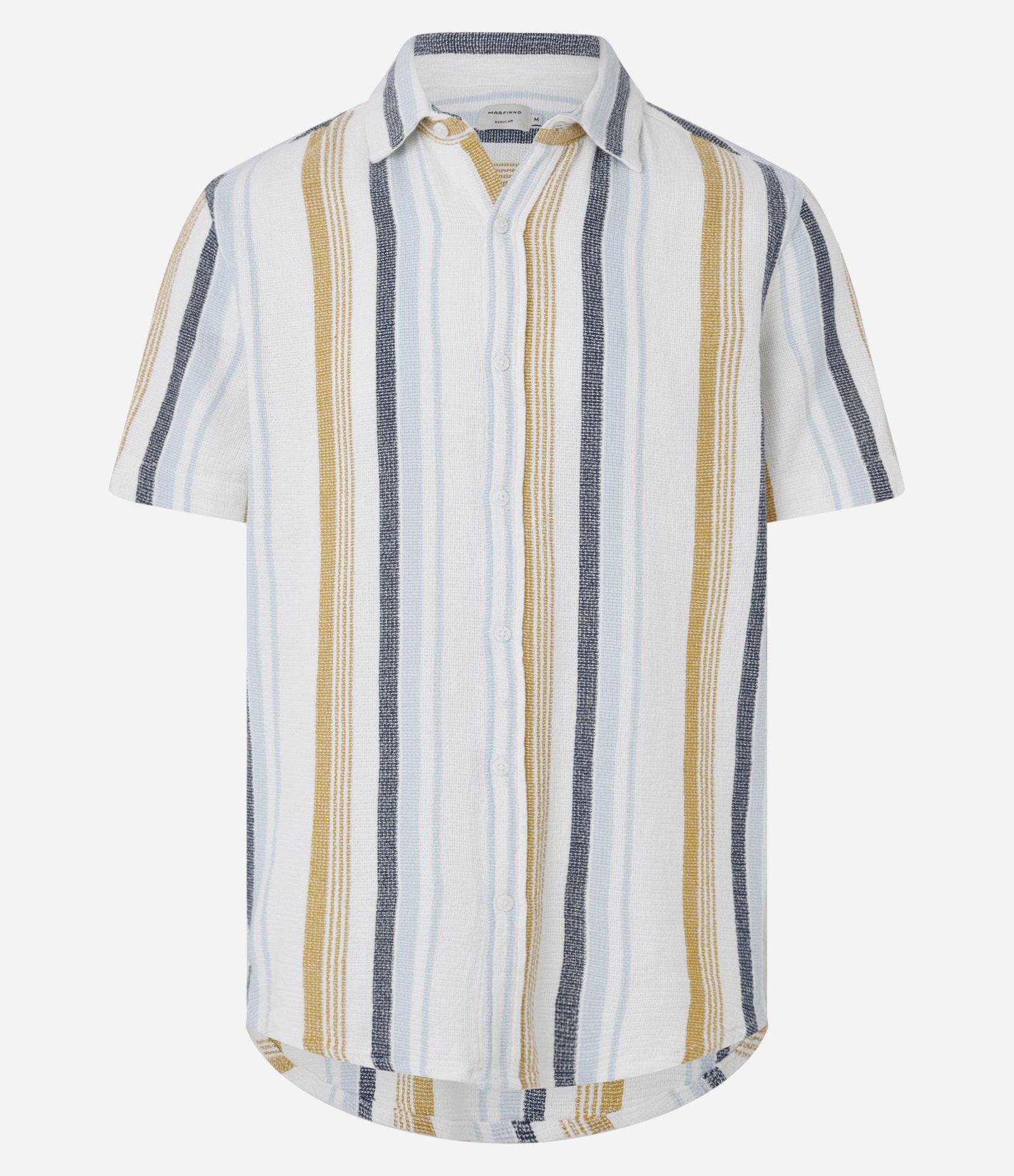 Camisa Regular com Textura e Listras Verticais Off White/Azul/Amarelo 4