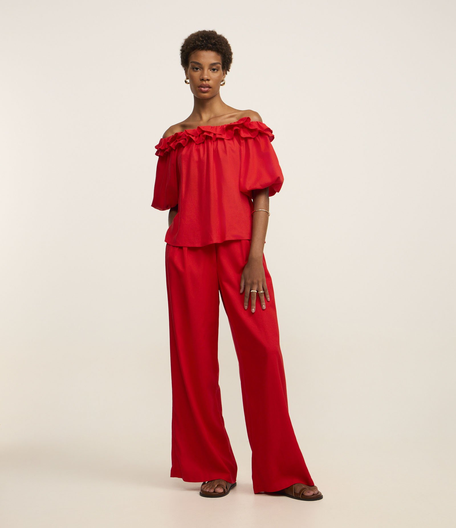 Calça Pantalona em Linho com Pregas Laranja 1